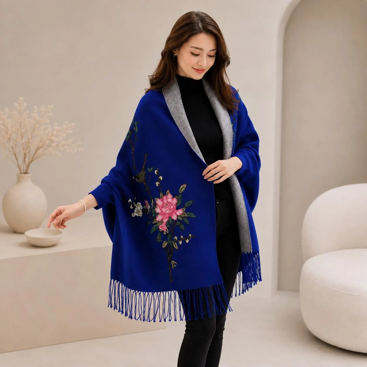 Women Embroidered Ruana Cape, Floral Shawl Wrap, Cozy Kimono Poncho with Fringe, Reversible Winter Wrap, Elegant Gift for Her - image 4