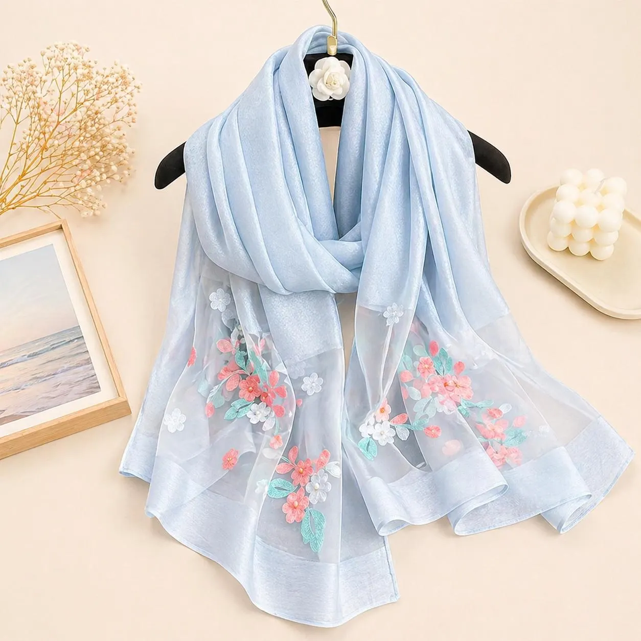 Floral Embroidered Silk Scarf, Lightweight Sheer Pashmina Shawl, Women's Headscarf Wrap Gift for Her - image 3