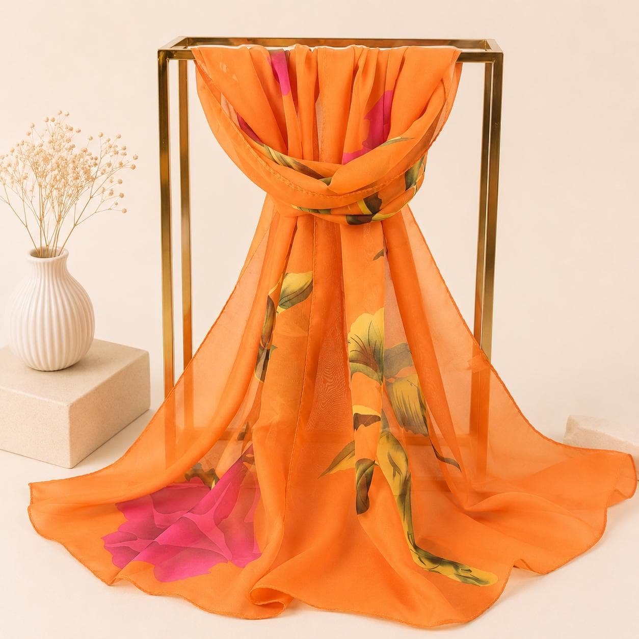 Leopard Floral Chiffon Scarf, Lightweight Sheer Summer Wrap, Boho Beach Cover-Up - image 4