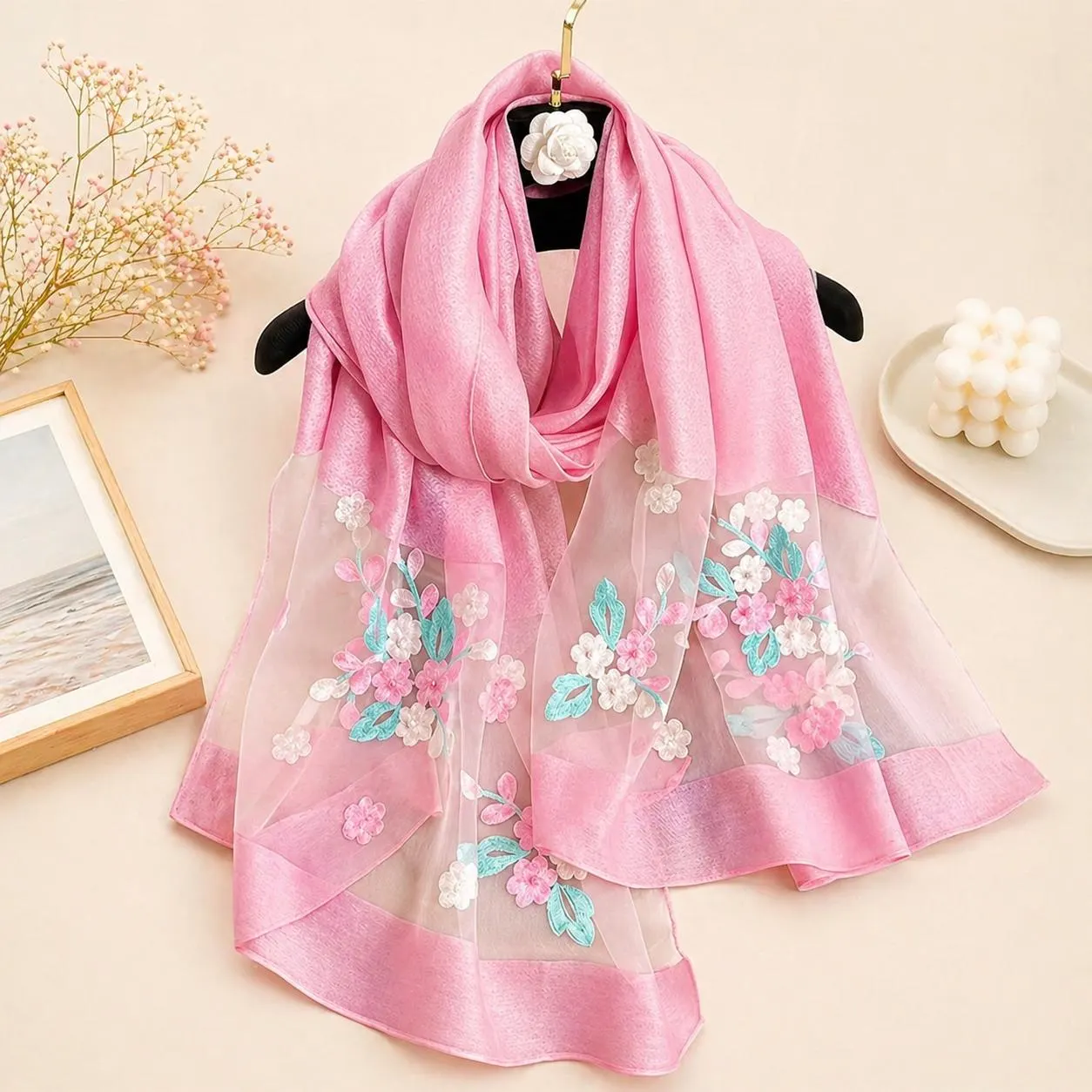 Floral Embroidered Silk Scarf, Lightweight Sheer Pashmina Shawl, Women's Headscarf Wrap Gift for Her - image 4