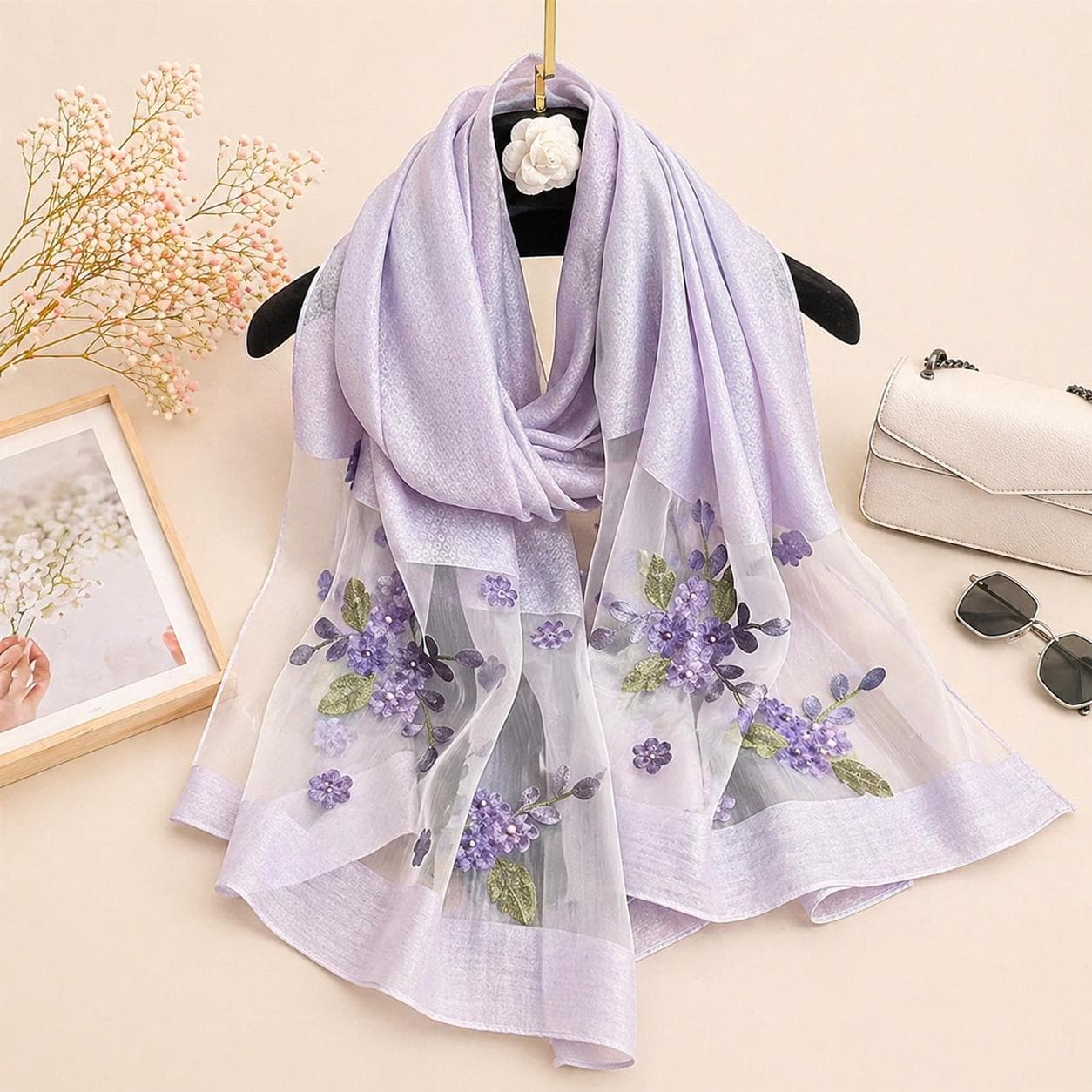 Floral Embroidered Silk Scarf, Lightweight Sheer Pashmina Shawl, Women's Headscarf Wrap Gift for Her - image 2