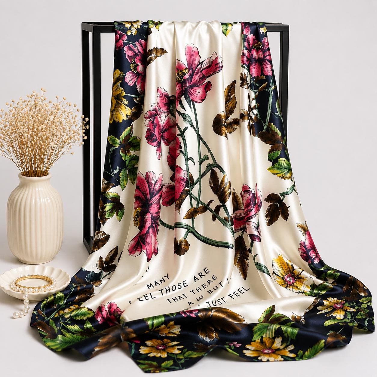 Floral Satin Silk Scarf Women, Elegant Square Hijab, Hair Wrap Bandana, Soft Shawl - image 5