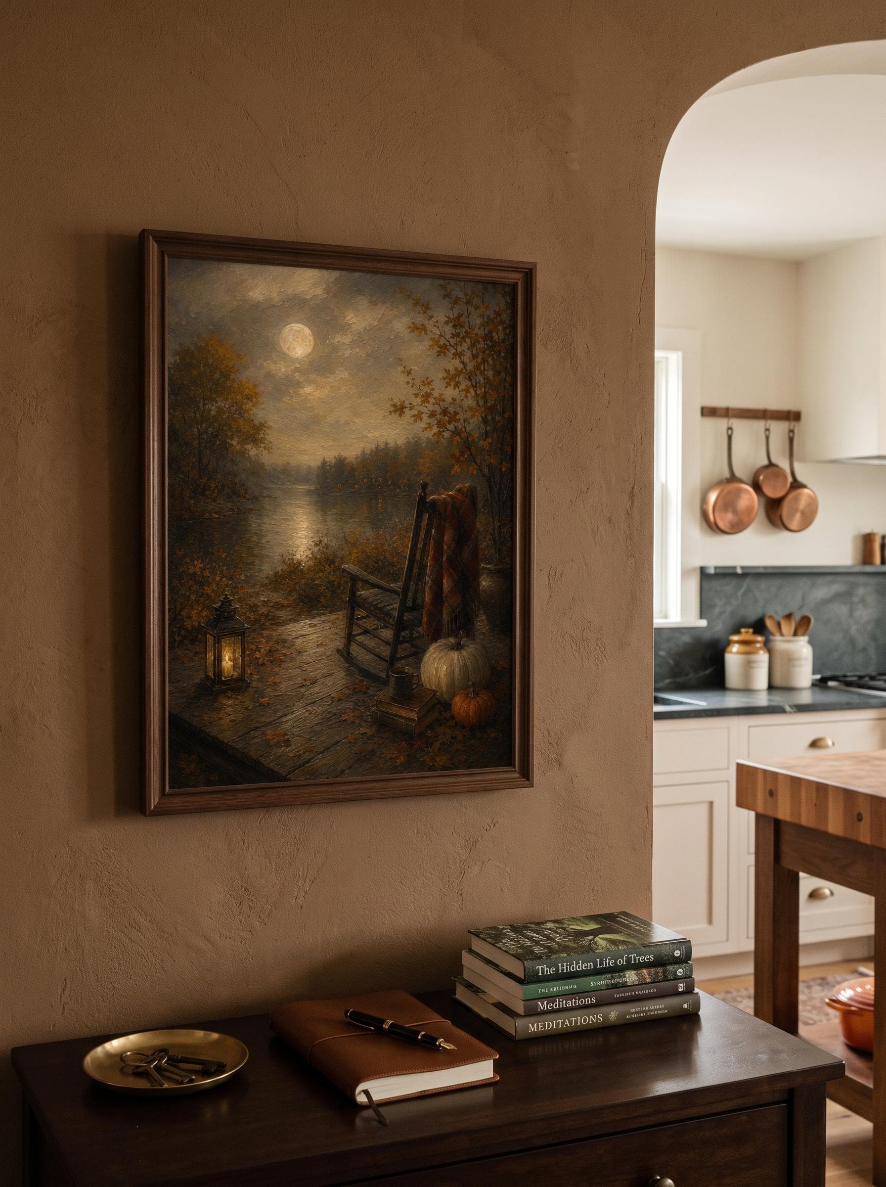 Moody Moonlit Dock Oil Painting Print, Autumn Lake Cabin Scene, Rustic Rocking Chair Evening Wall Art - image 5