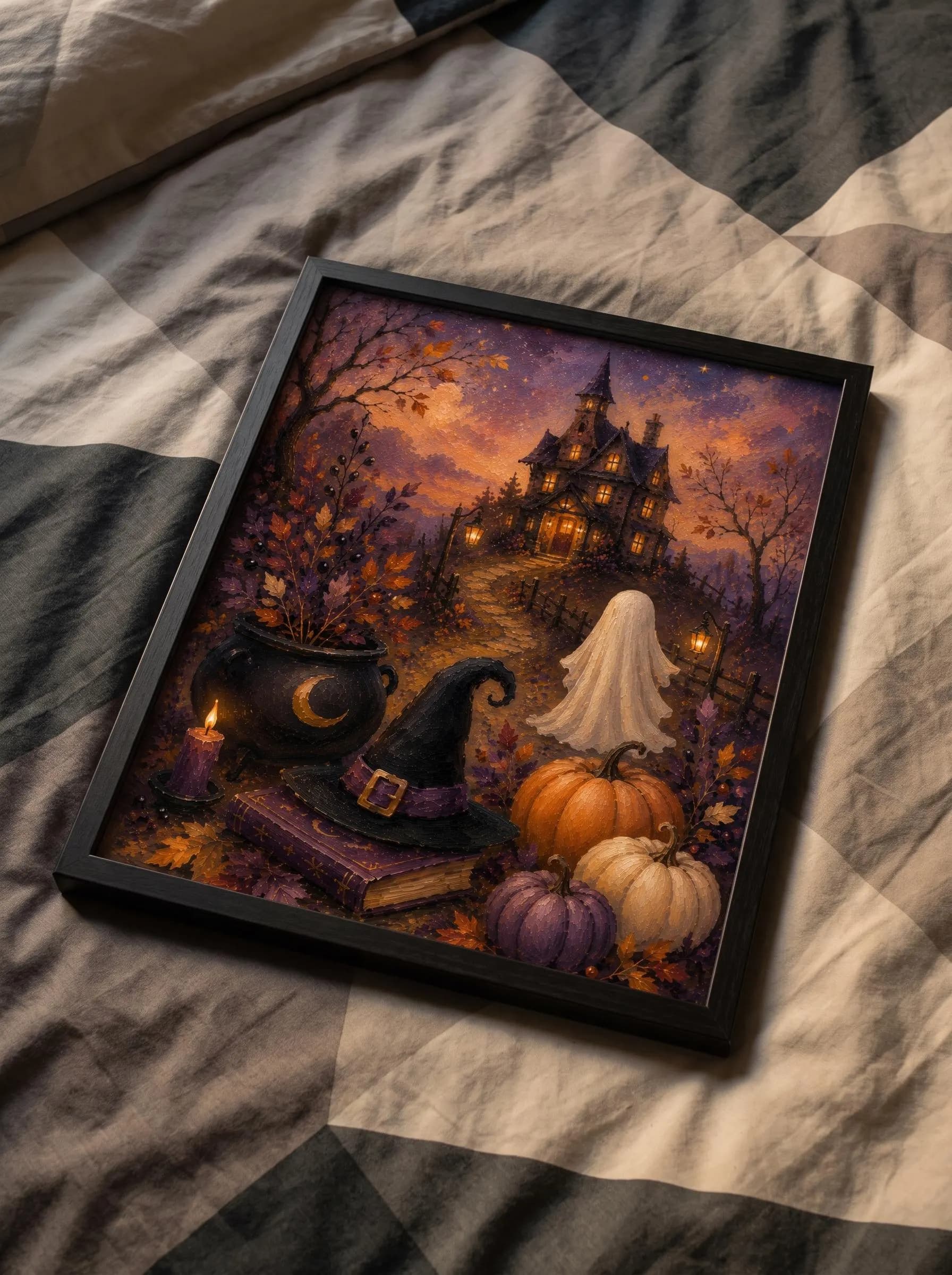 Haunted Victorian Mansion Print, Ghost Witch Hat Pumpkin Oil Painting (Digital Download)