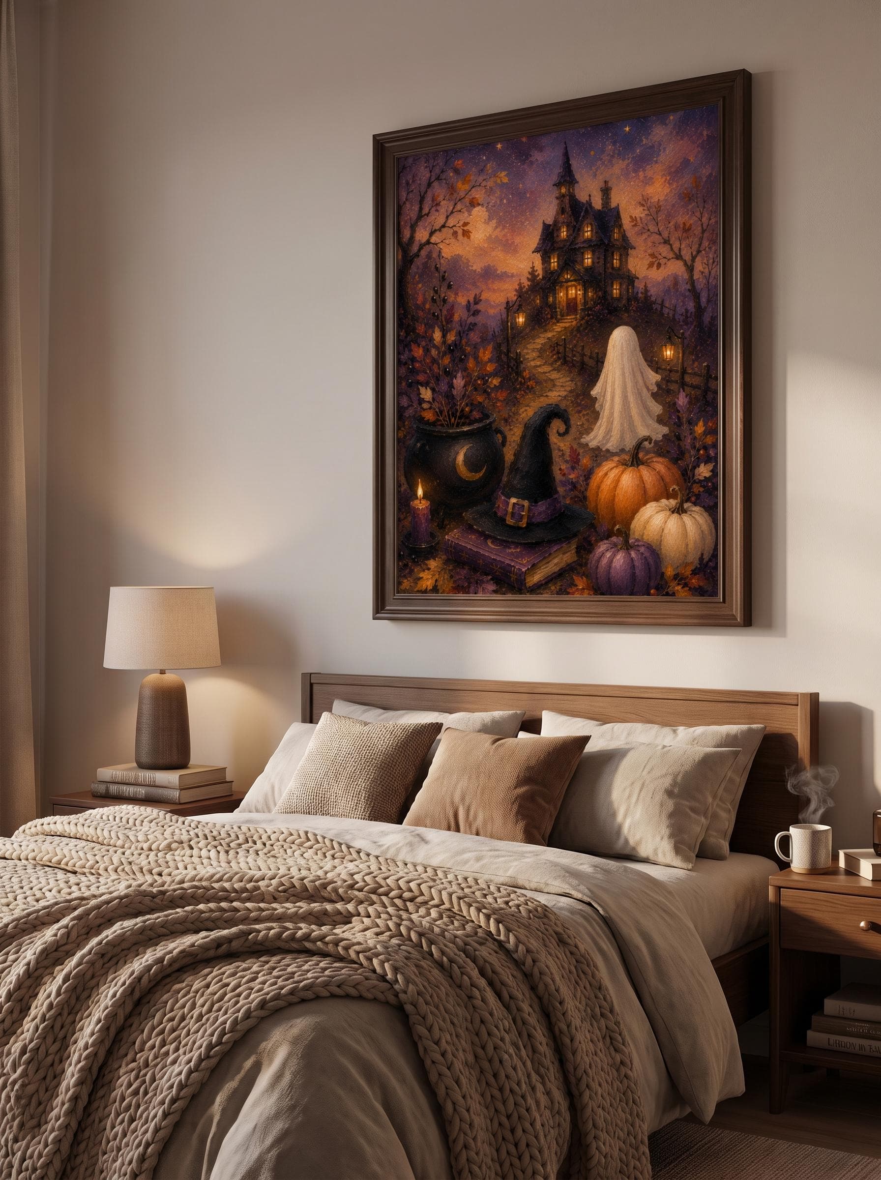 Haunted Victorian Mansion Print, Ghost Witch Hat Pumpkin Oil Painting (Digital Download)