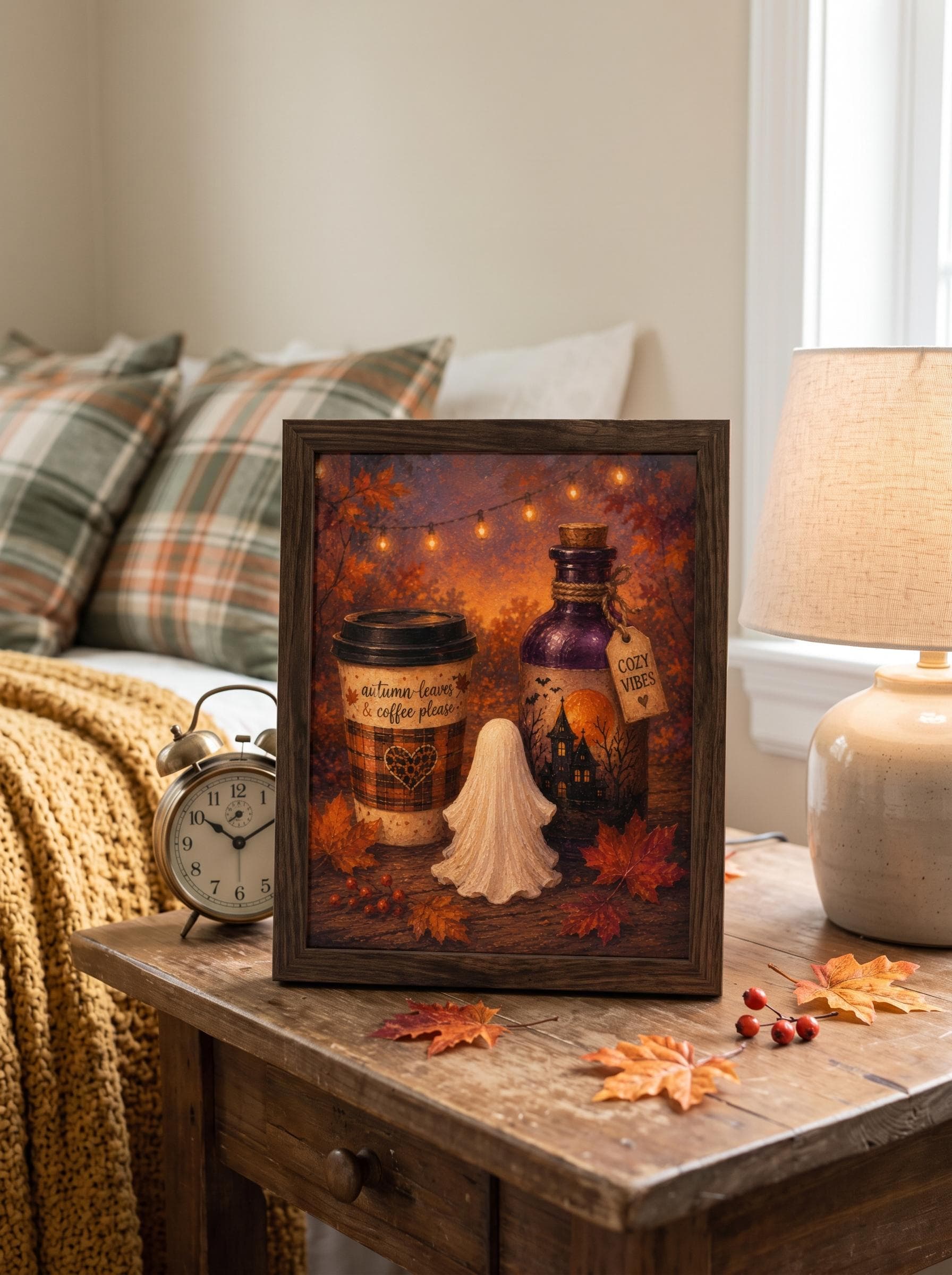Cozy Autumn Ghost Coffee Wall Art, Halloween Forest Scene (Digital Download)