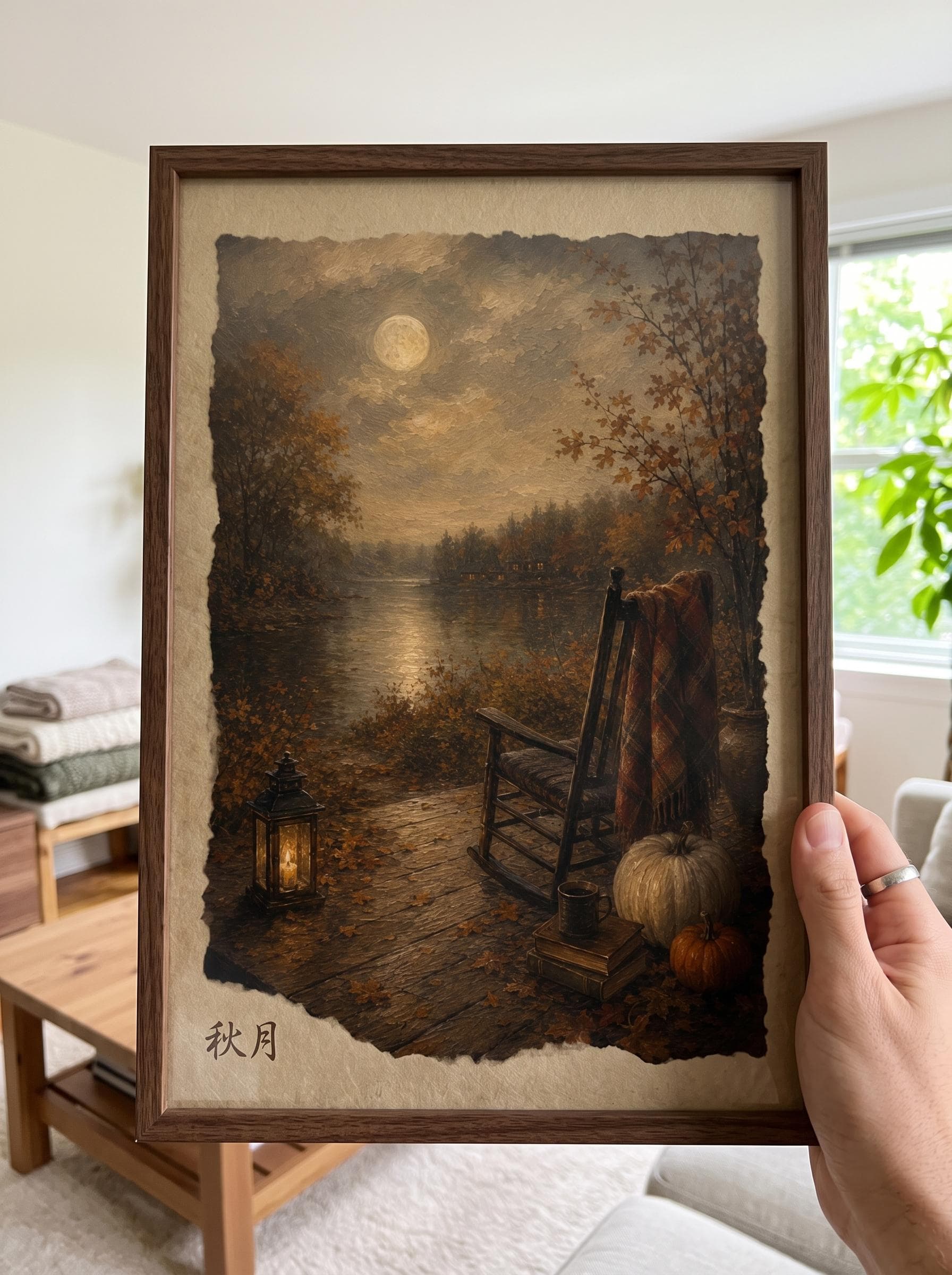 Moody Moonlit Dock Oil Painting Print, Autumn Lake Cabin Scene, Rustic Rocking Chair Evening Wall Art - image 4