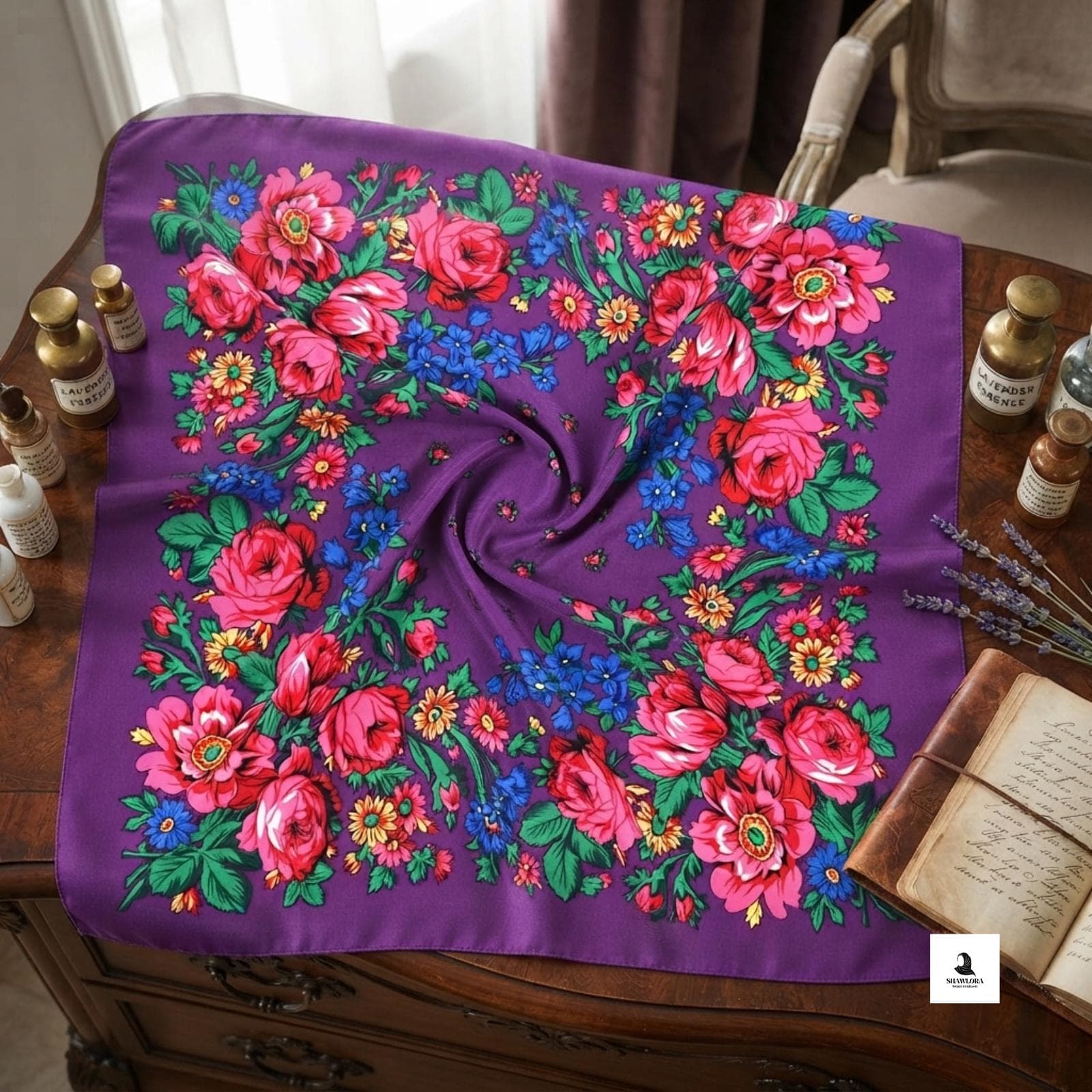 Vintage inspired flower scarf displayed on a neutral background.