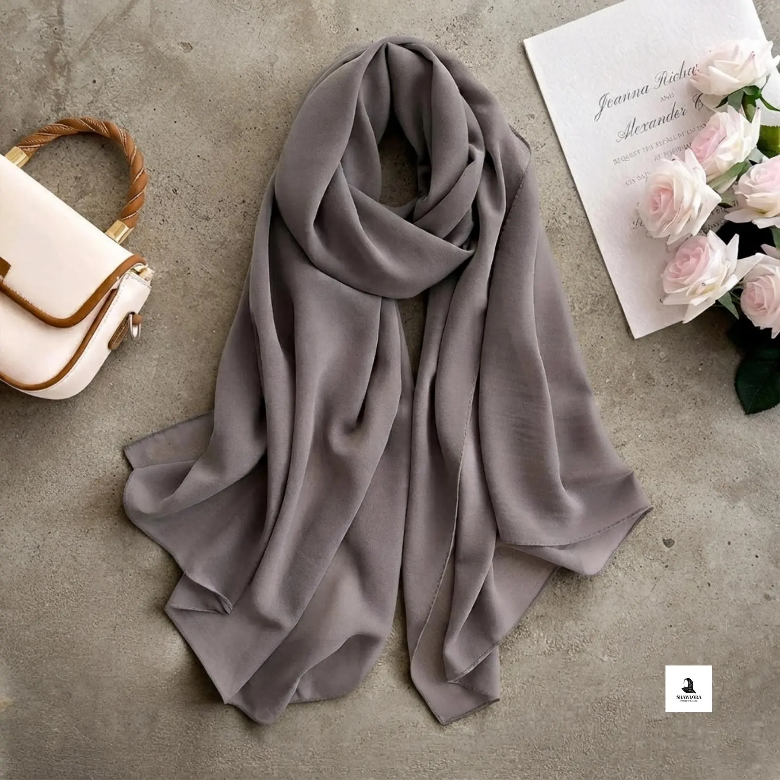 Full-length view of the maxi chiffon hijab draped over a modest outfit.