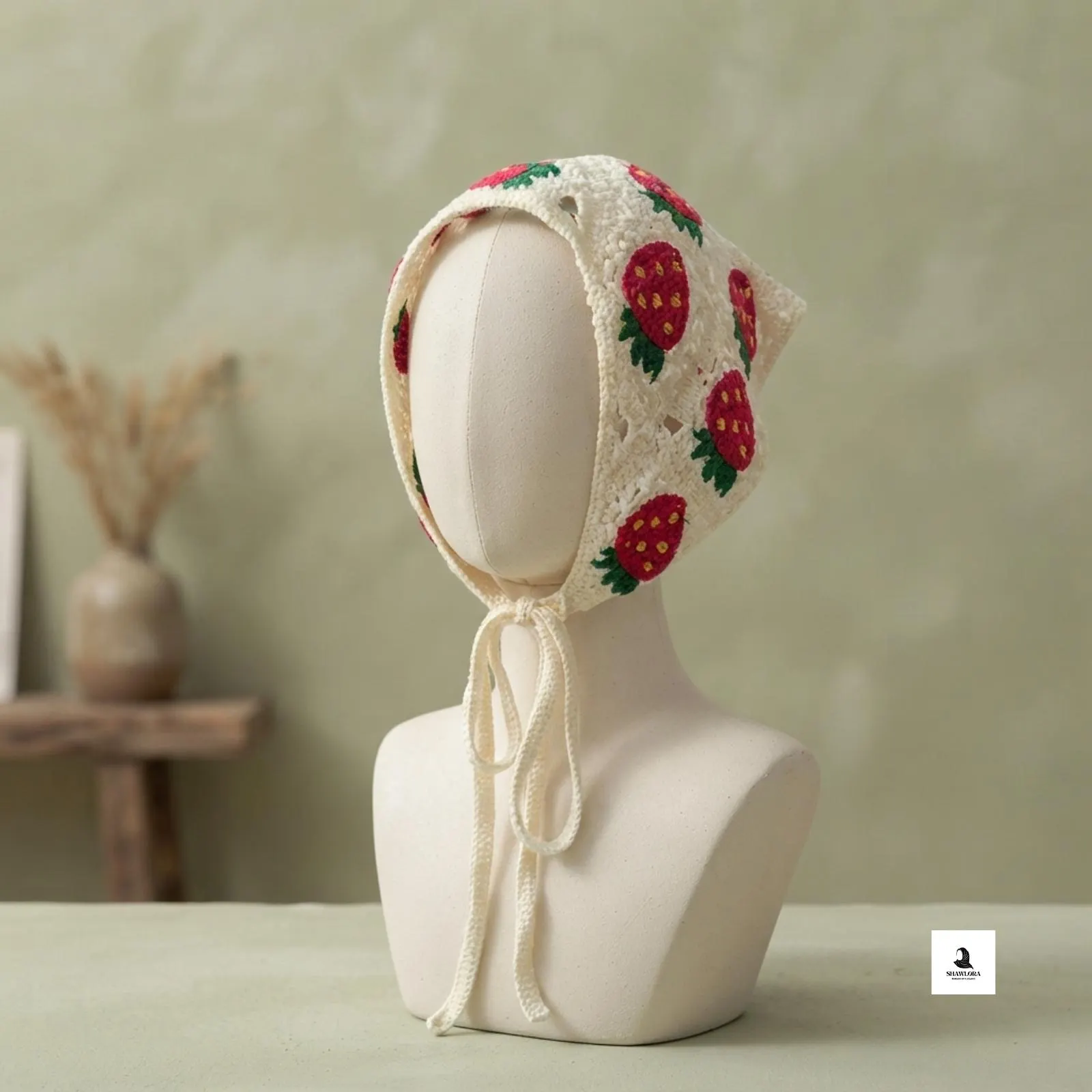 Floral knitted head scarf worn with a braided hairstyle.