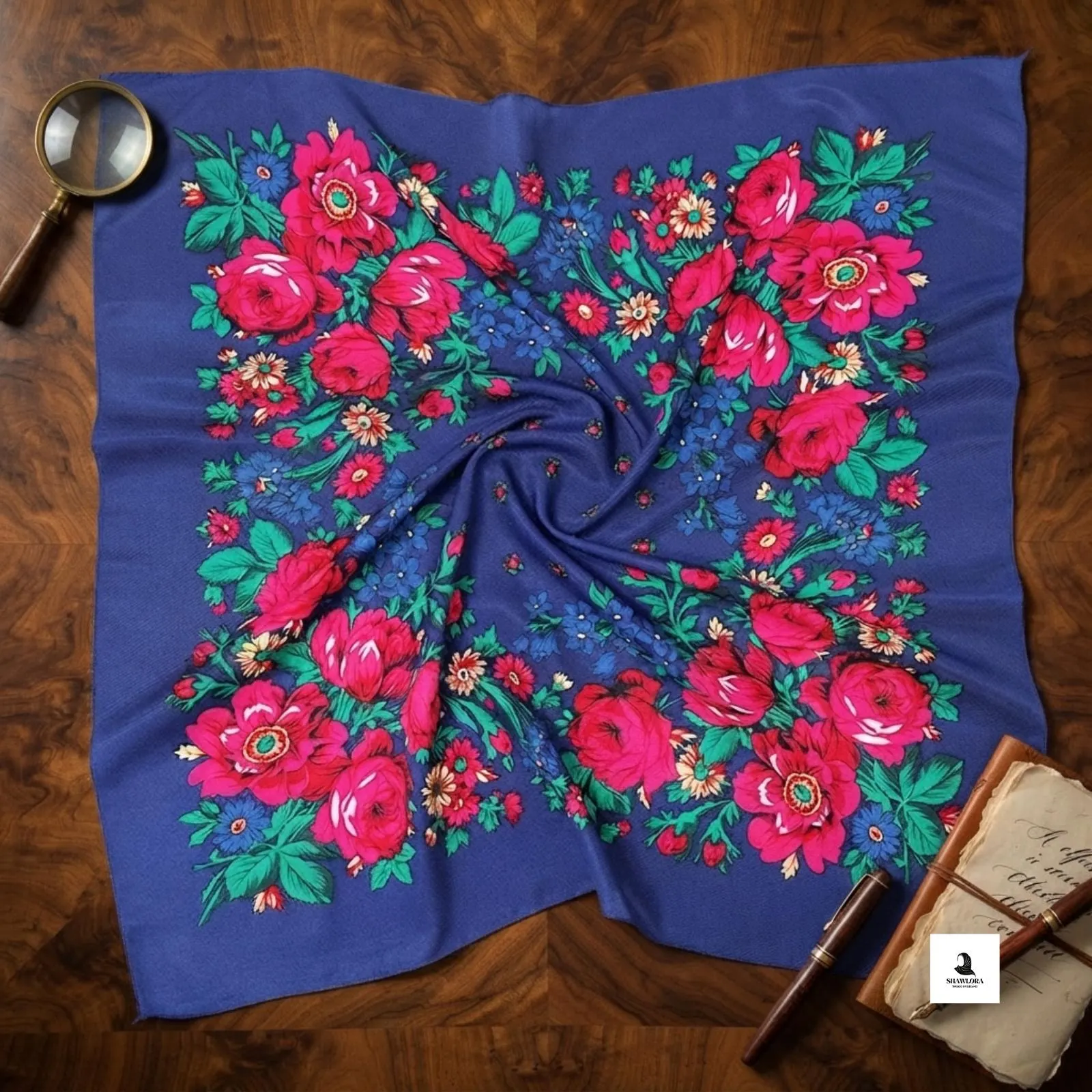 Soft floral scarf tied as a stylish hair wrap.