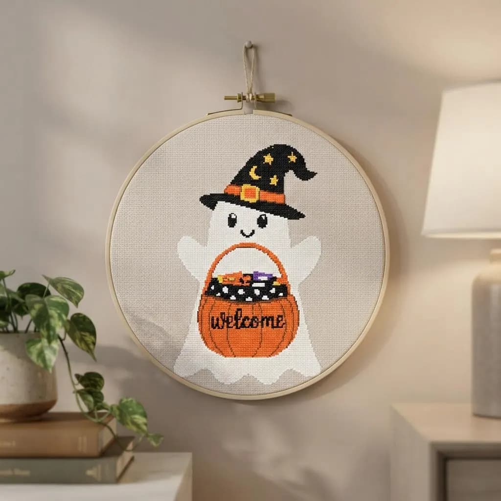Welcome Ghost Witch Hat Pumpkin Basket Cross Stitch Pattern (PDF Download) - image 4