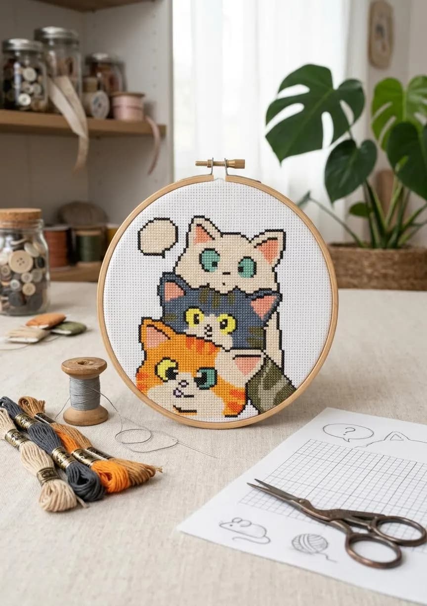 Three Stacked Cats Cross Stitch Pattern, Easy Kitten Embroidery Chart (PDF Download) - image 4