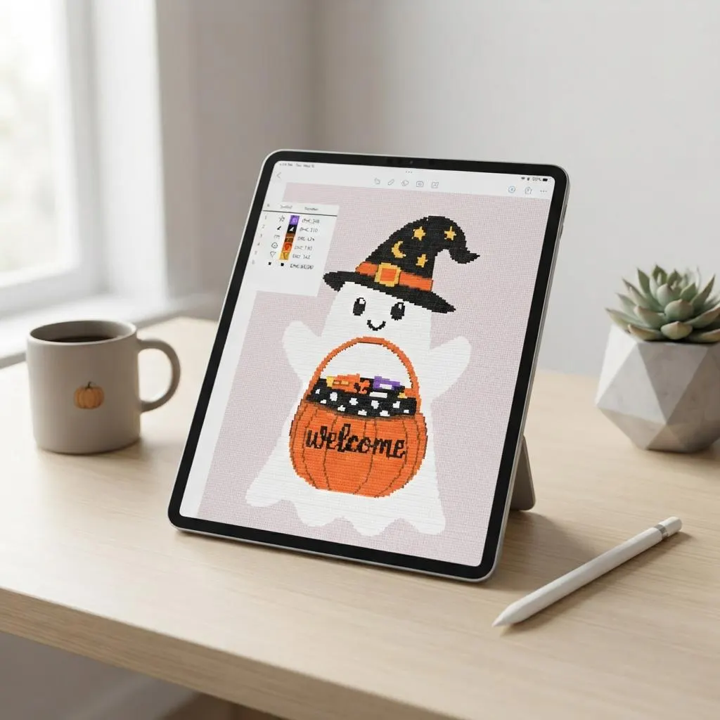 Welcome Ghost Witch Hat Pumpkin Basket Cross Stitch Pattern (PDF Download) - image 3