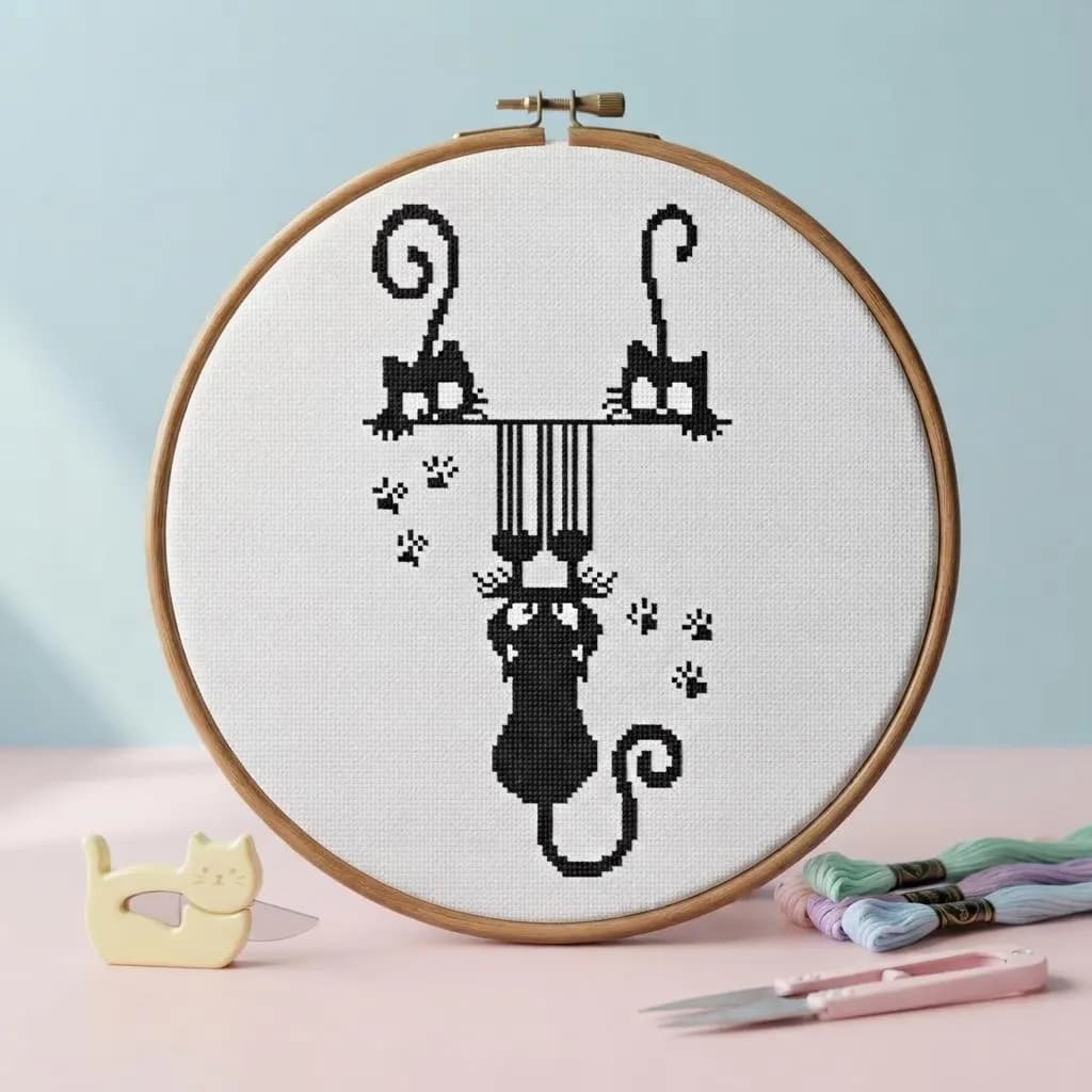 Mischievous Black Cats Cross Stitch Pattern, Hanging Kitty Embroidery (PDF Download)