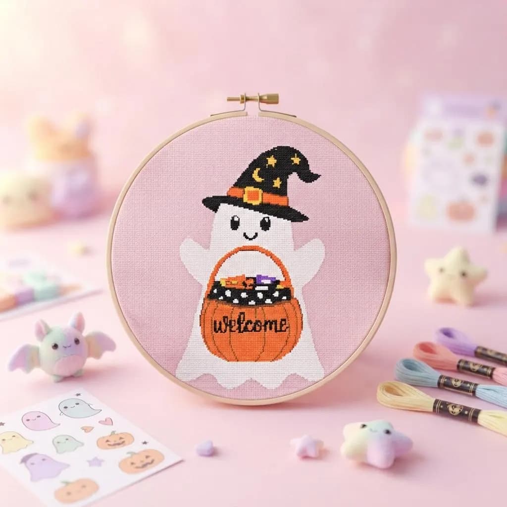 Welcome Ghost Witch Hat Pumpkin Basket Cross Stitch Pattern (PDF Download)