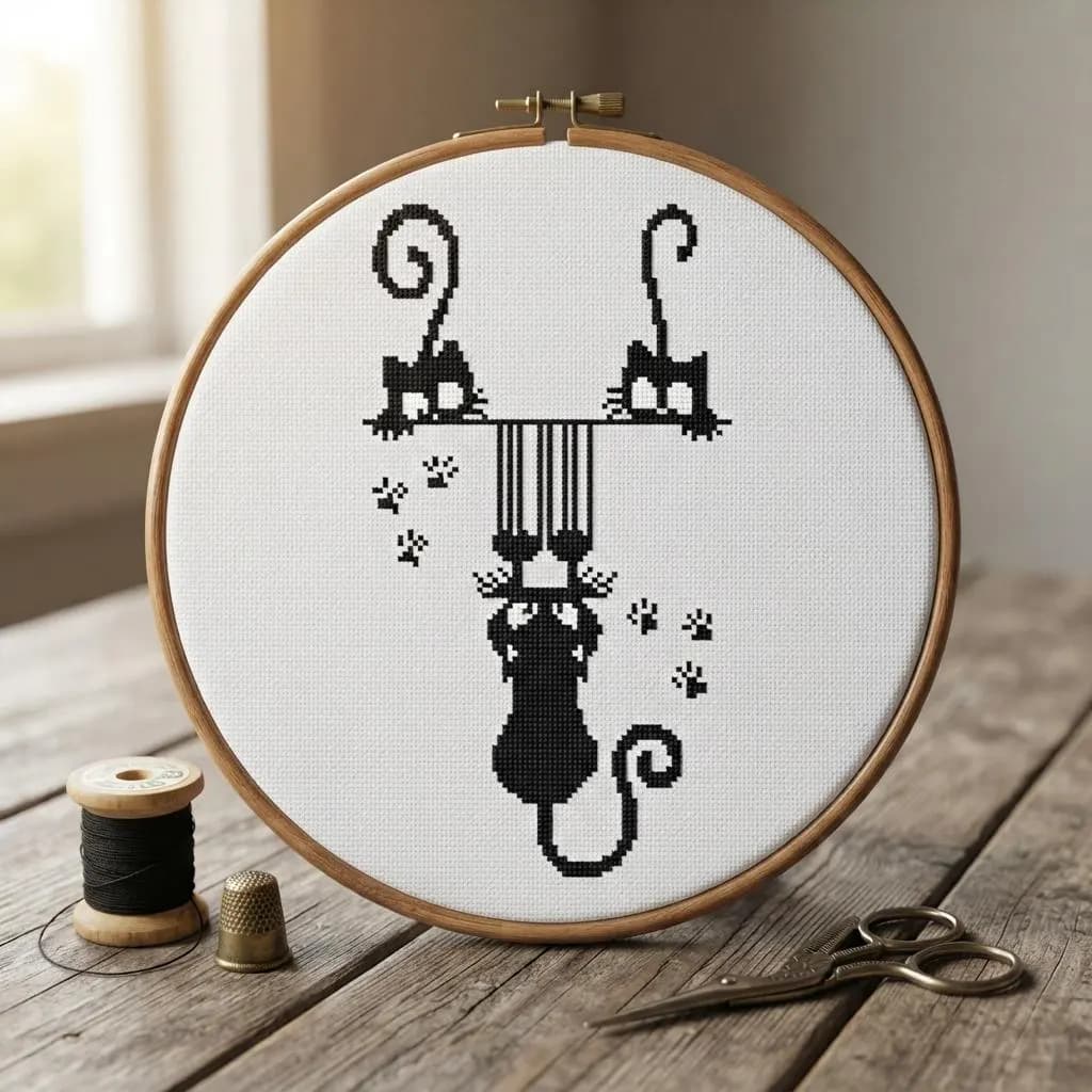 Mischievous Black Cats Cross Stitch Pattern, Hanging Kitty Embroidery (PDF Download) - image 4