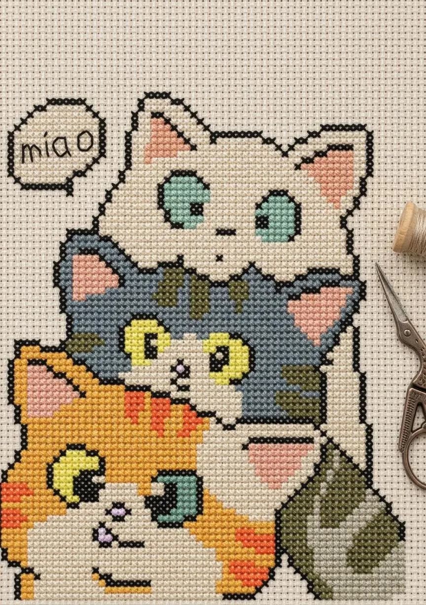 Three Stacked Cats Cross Stitch Pattern, Easy Kitten Embroidery Chart (PDF Download) - image 3