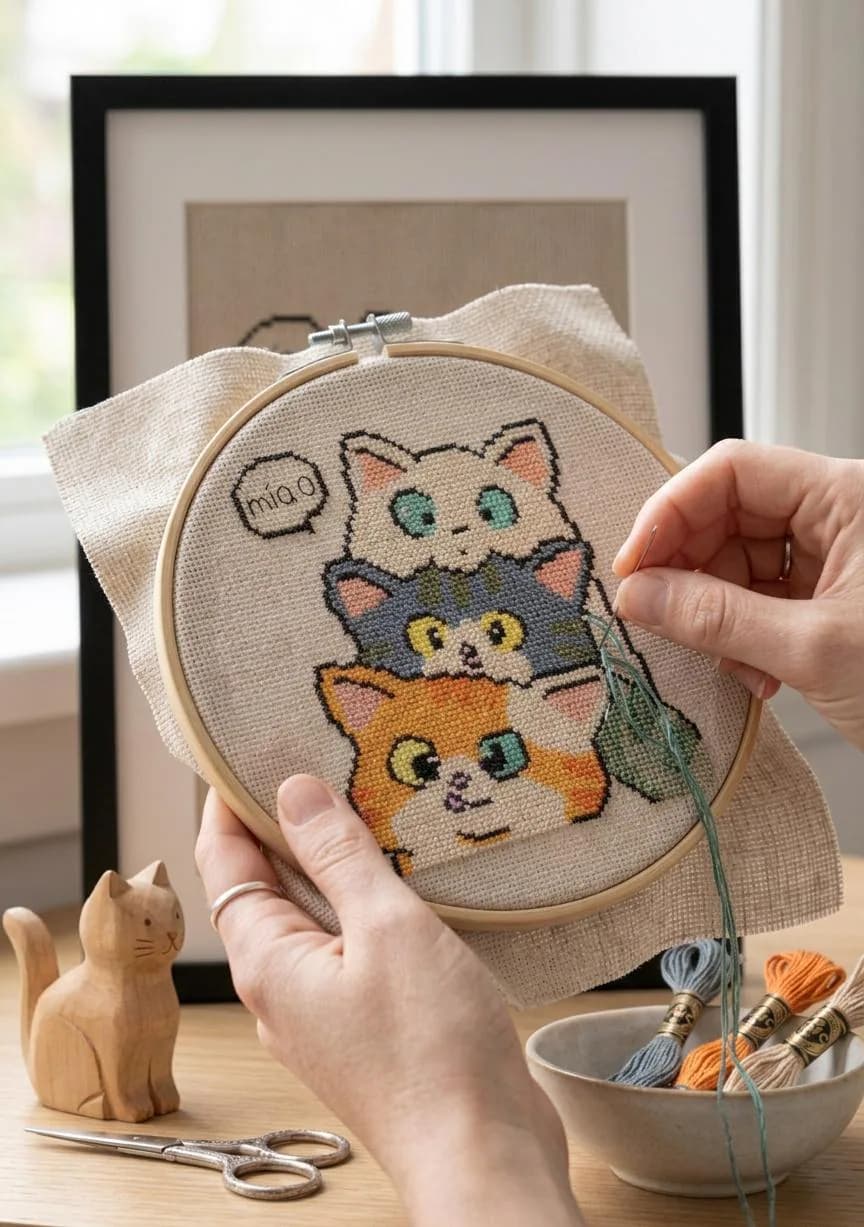 Three Stacked Cats Cross Stitch Pattern, Easy Kitten Embroidery Chart (PDF Download)
