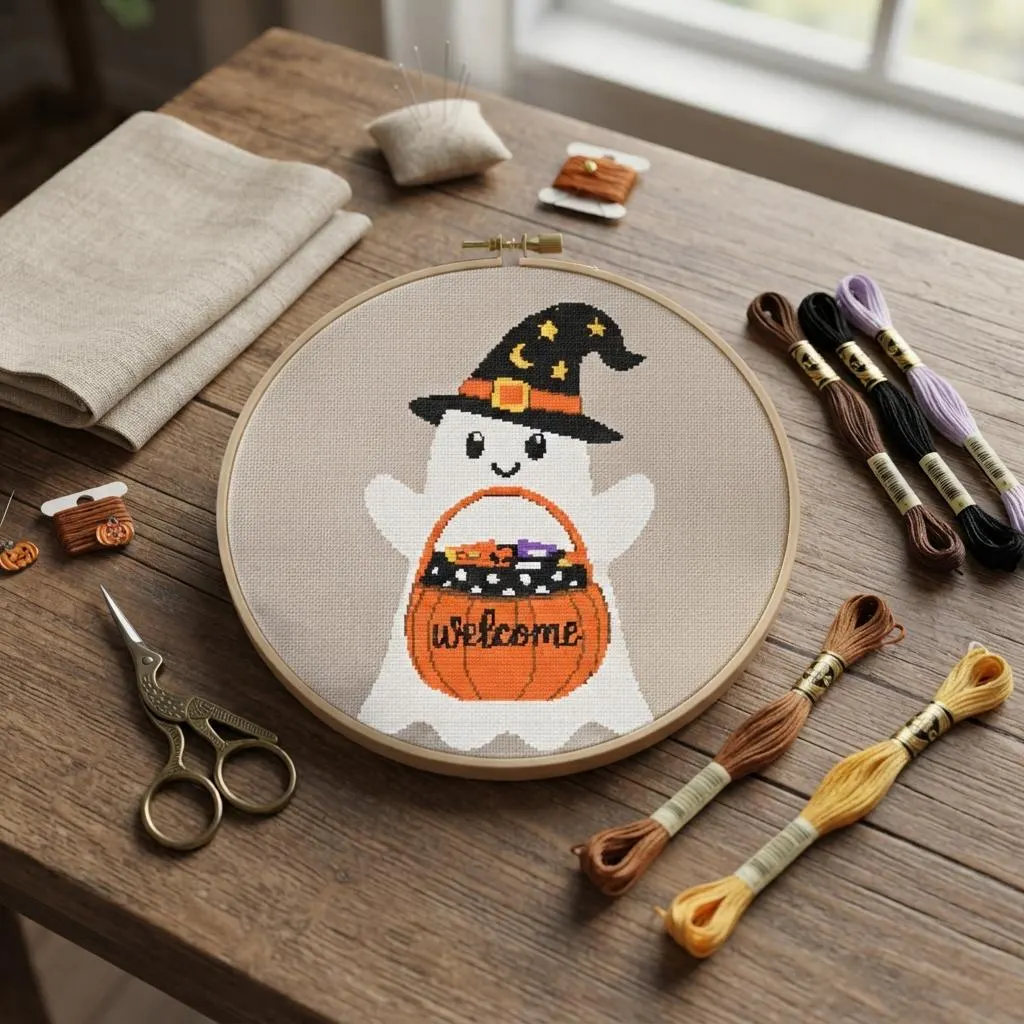 Welcome Ghost Witch Hat Pumpkin Basket Cross Stitch Pattern (PDF Download) - image 2