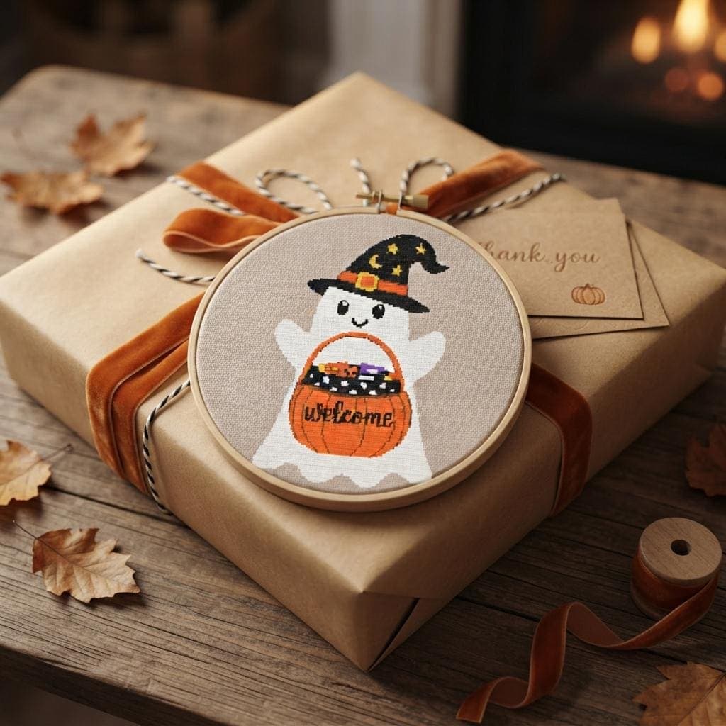 Welcome Ghost Witch Hat Pumpkin Basket Cross Stitch Pattern (PDF Download) - image 5