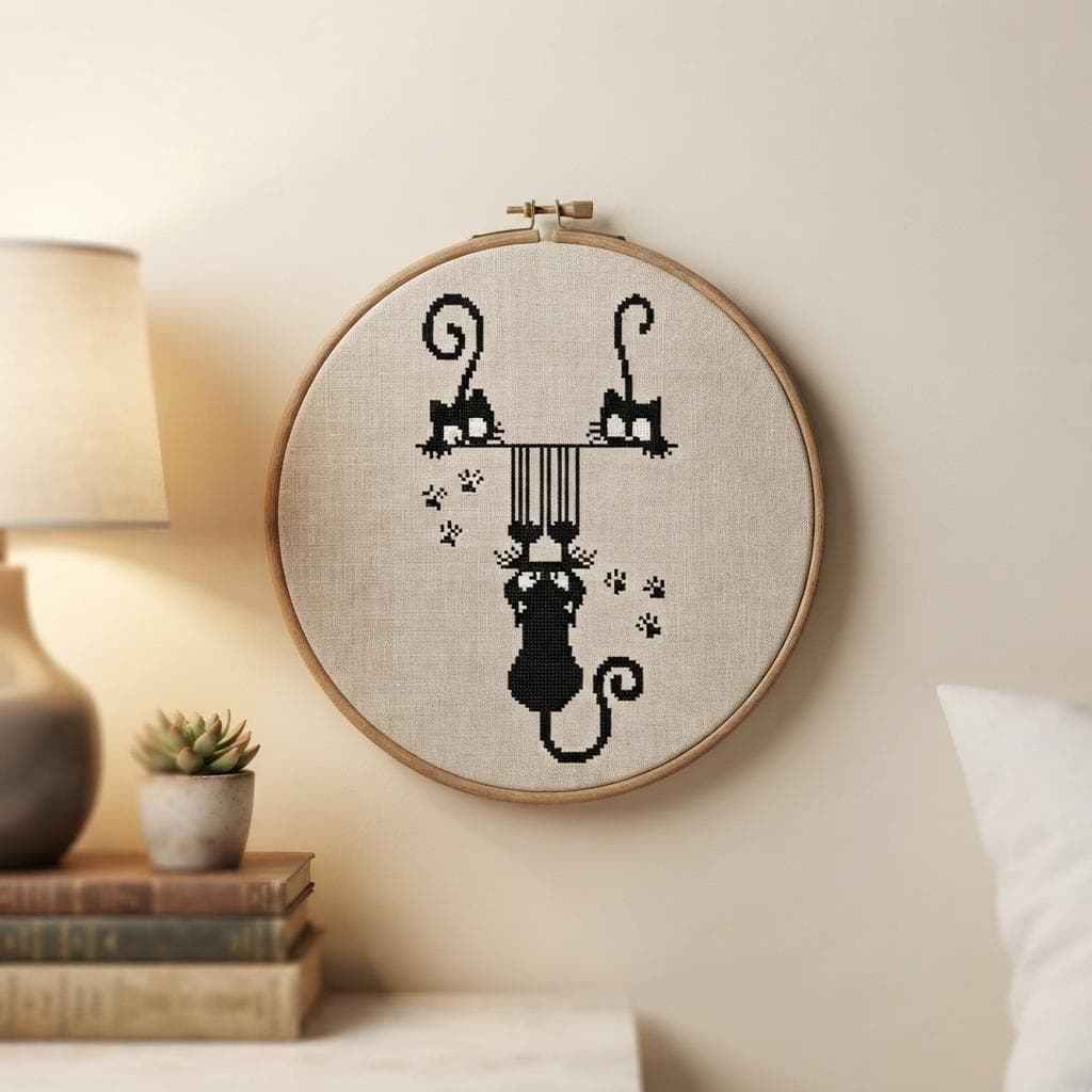 Mischievous Black Cats Cross Stitch Pattern, Hanging Kitty Embroidery (PDF Download) - image 5