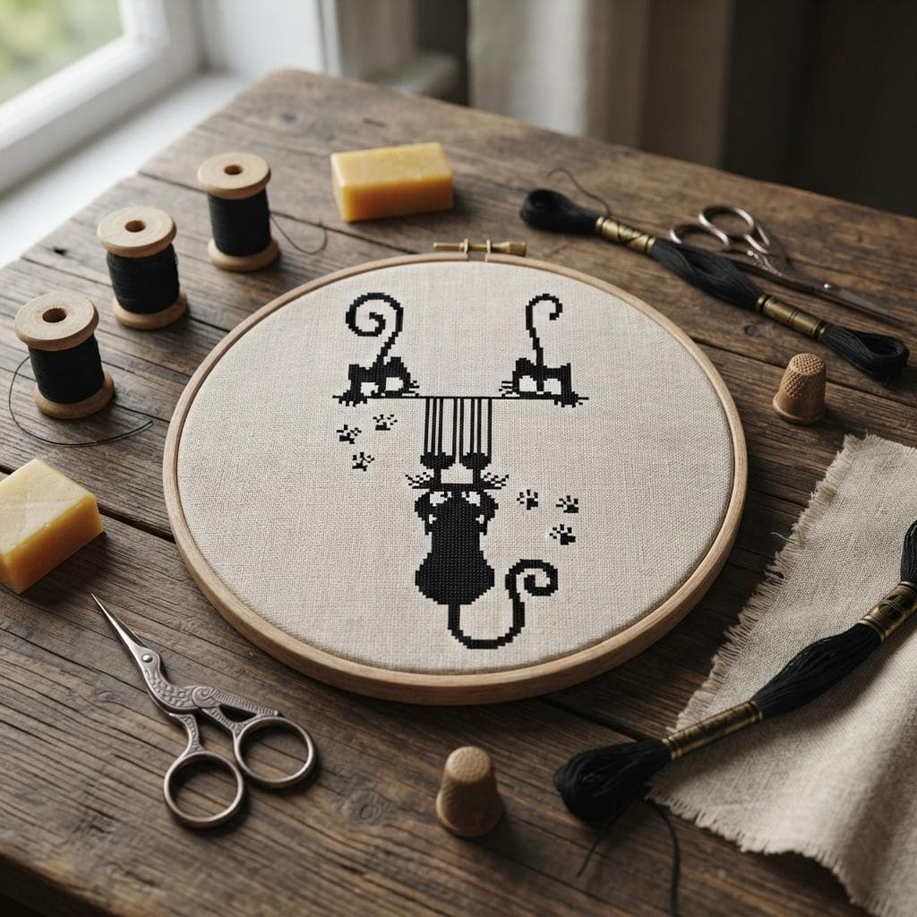 Mischievous Black Cats Cross Stitch Pattern, Hanging Kitty Embroidery (PDF Download) - image 2