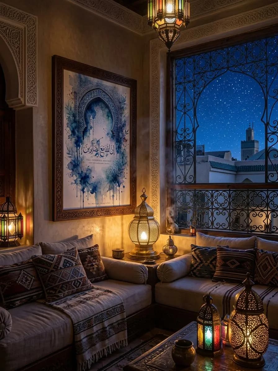 Fes Blue Zellige Watercolor Poster - Allah is with the Patient - Moroccan Art - image 3