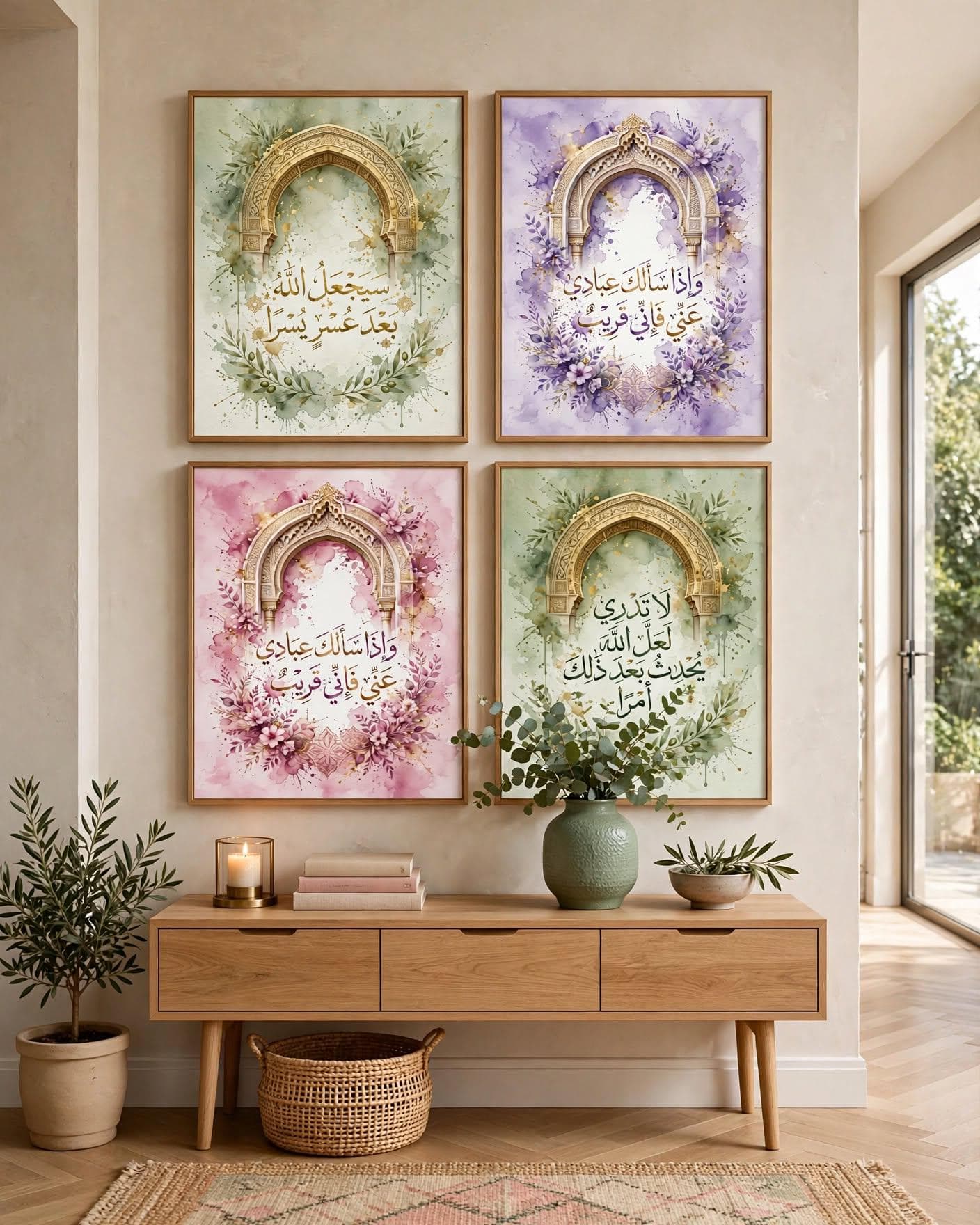 Sage Green & Pink Islamic Wall Art Set of 4 | Watercolor Alhambra Calligraphy