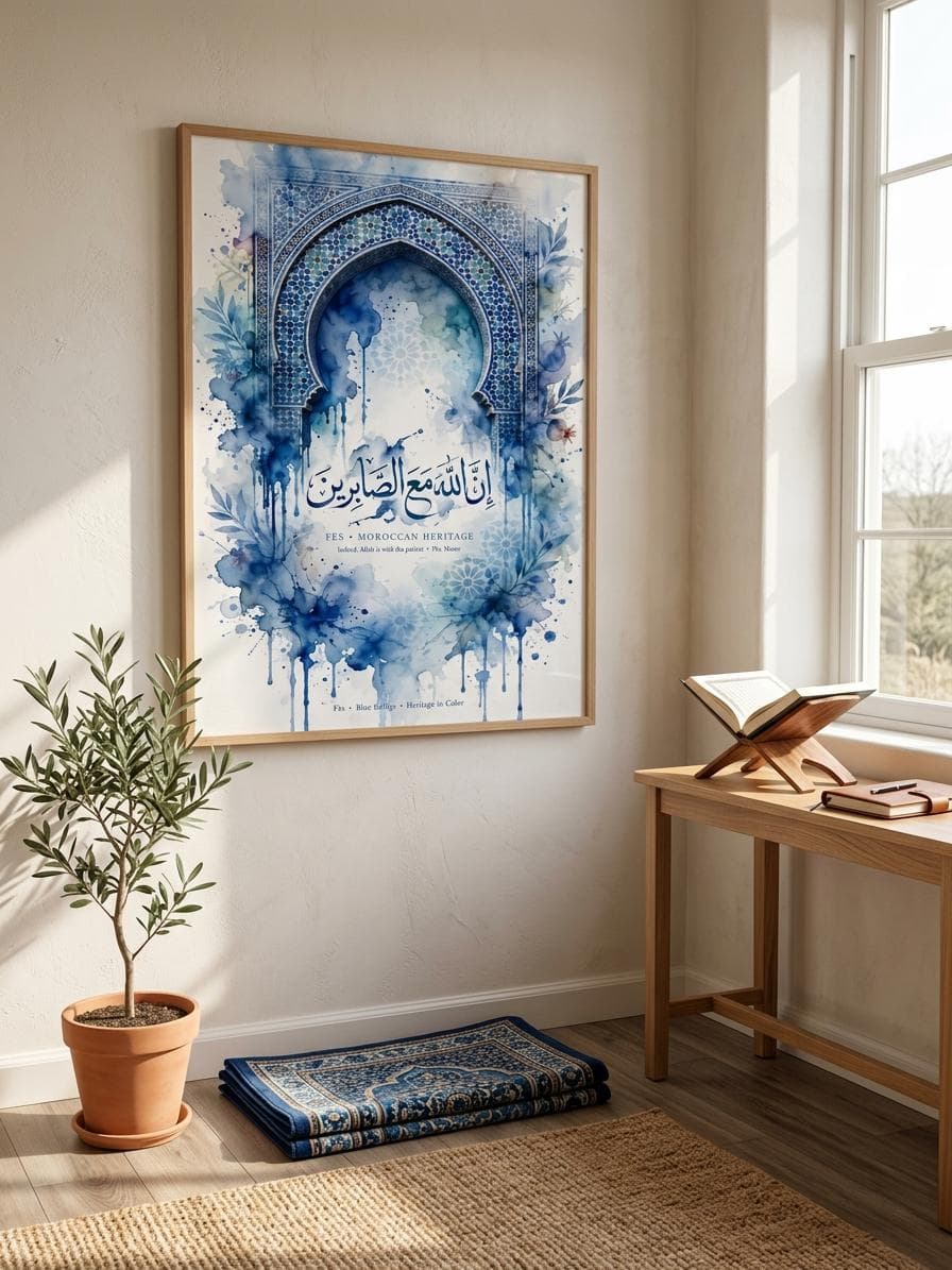 Fes Blue Zellige Watercolor Poster - Allah is with the Patient - Moroccan Art - image 4