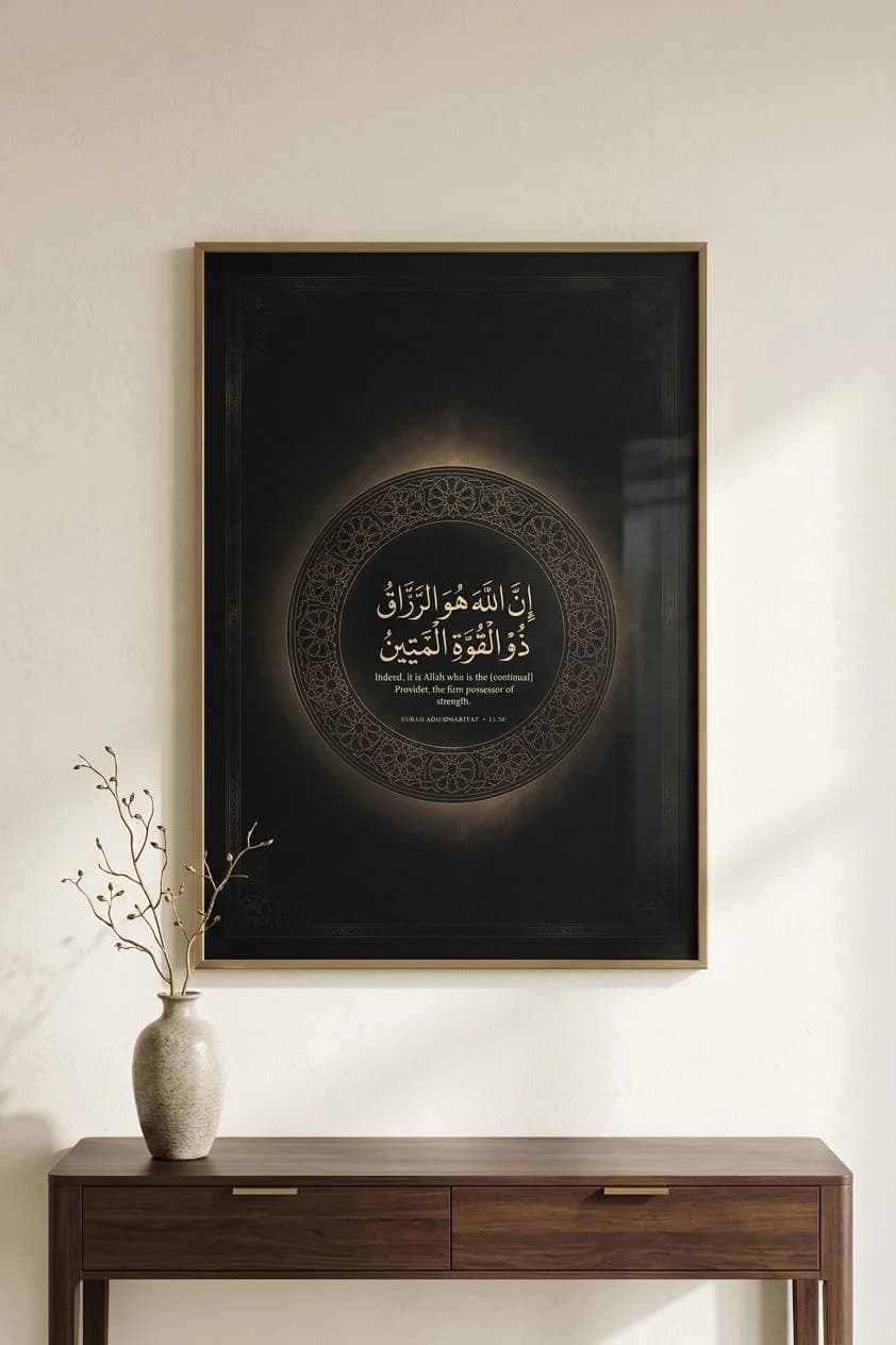 Islamic Wall Art, Quranic Rizq Verse, Black Gold Scripture Print (Digital Download)