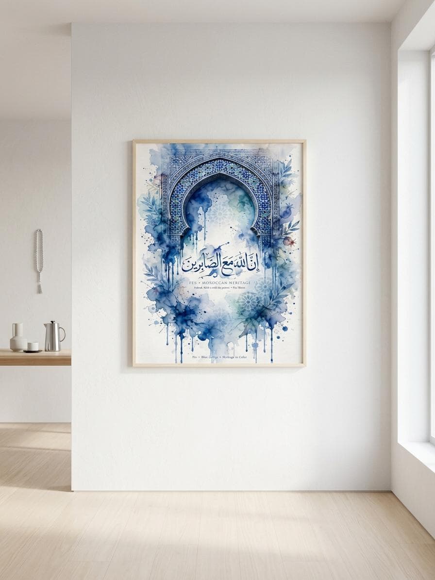 Fes Blue Zellige Watercolor Poster - Allah is with the Patient - Moroccan Art - image 5