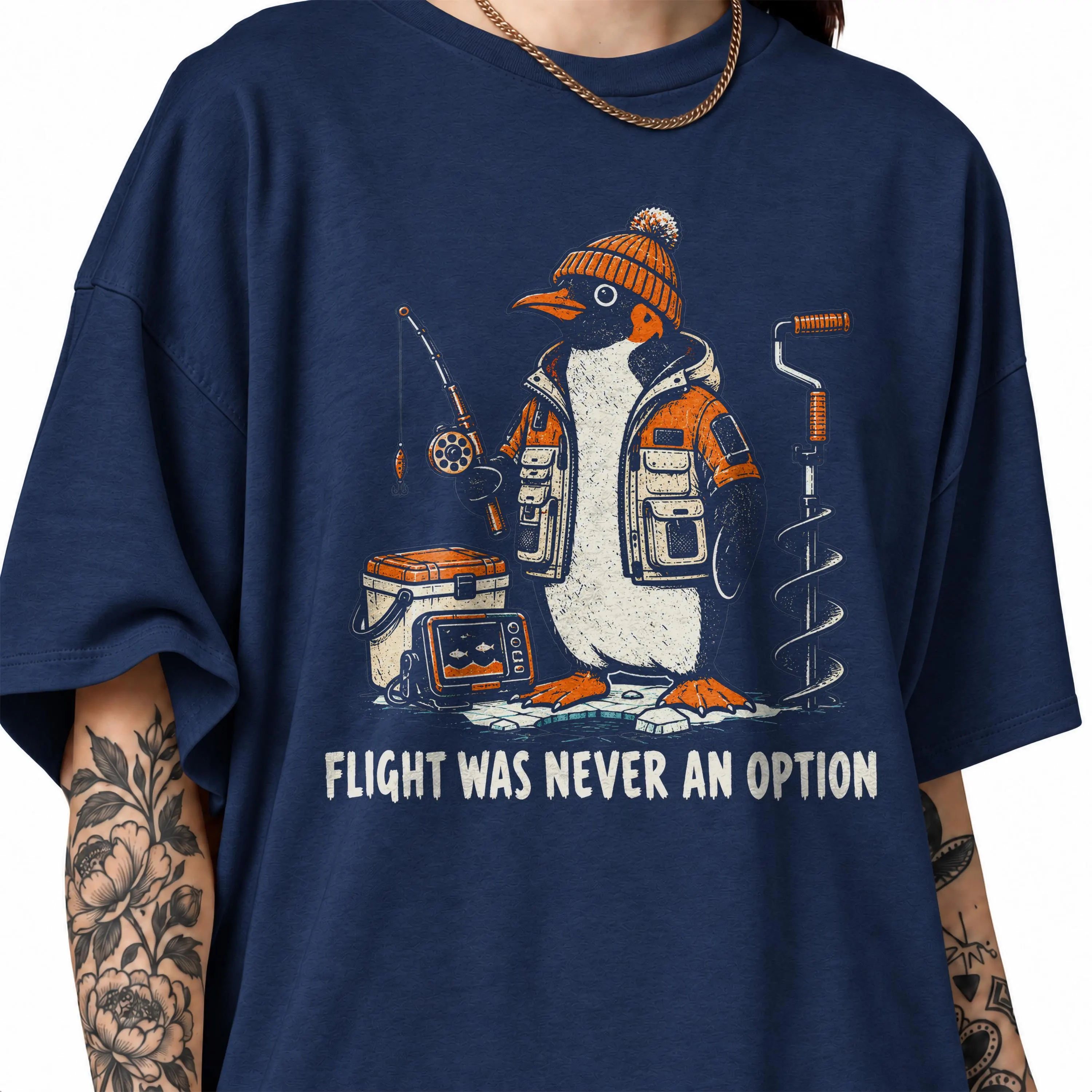 Flight Was Never An Option Shirt, Funny Penguin Ice Fishing Tee, Sarcastic Ice Fisherman Gift, Retro Winter Angler Graphic T-shirt - image 3