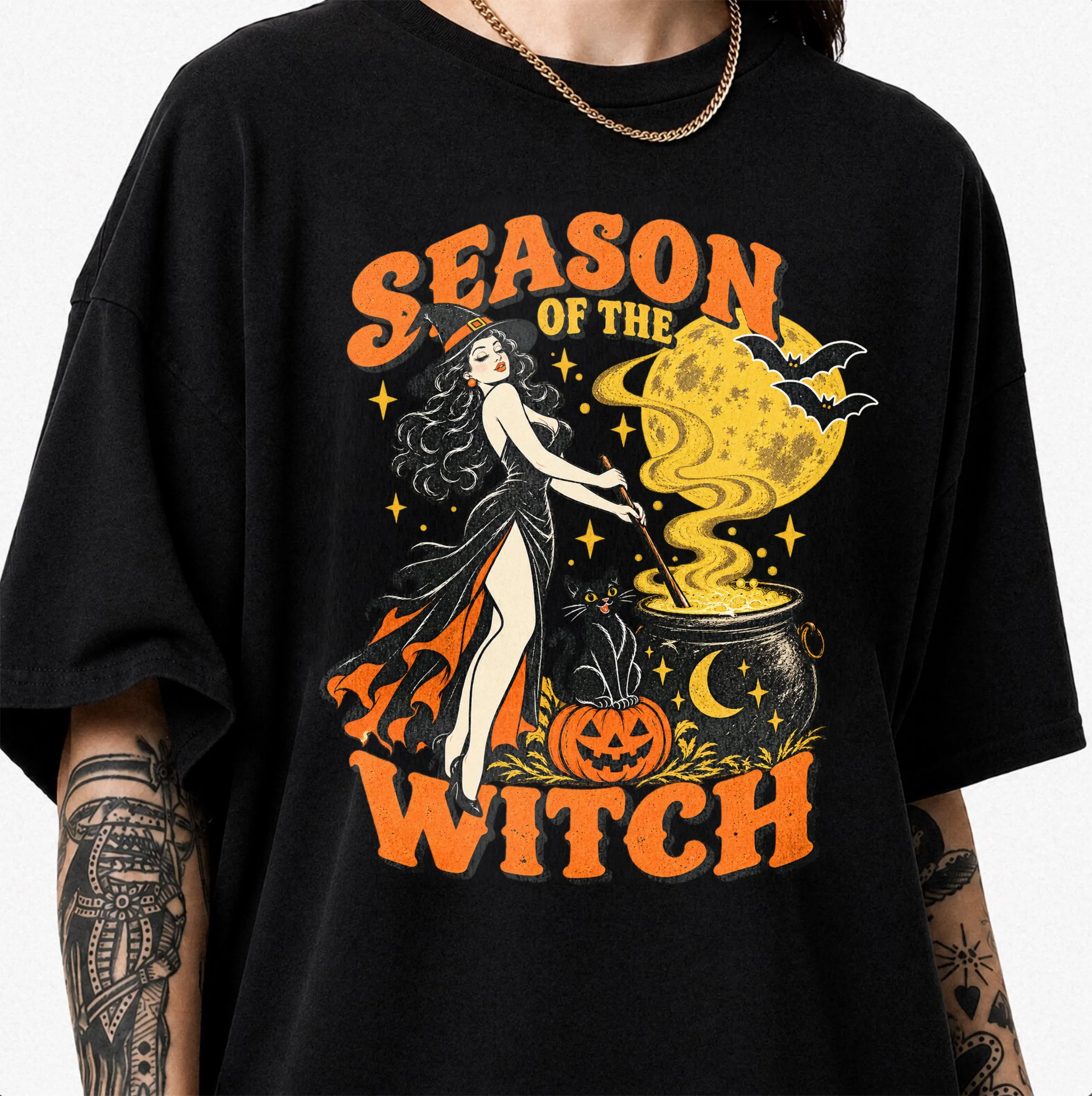 Season Of The Witch Shirt, Pin Up Witch with Cauldron, Black Cat Vintage Halloween Sweatshirt, Spooky Season Gift - image 3