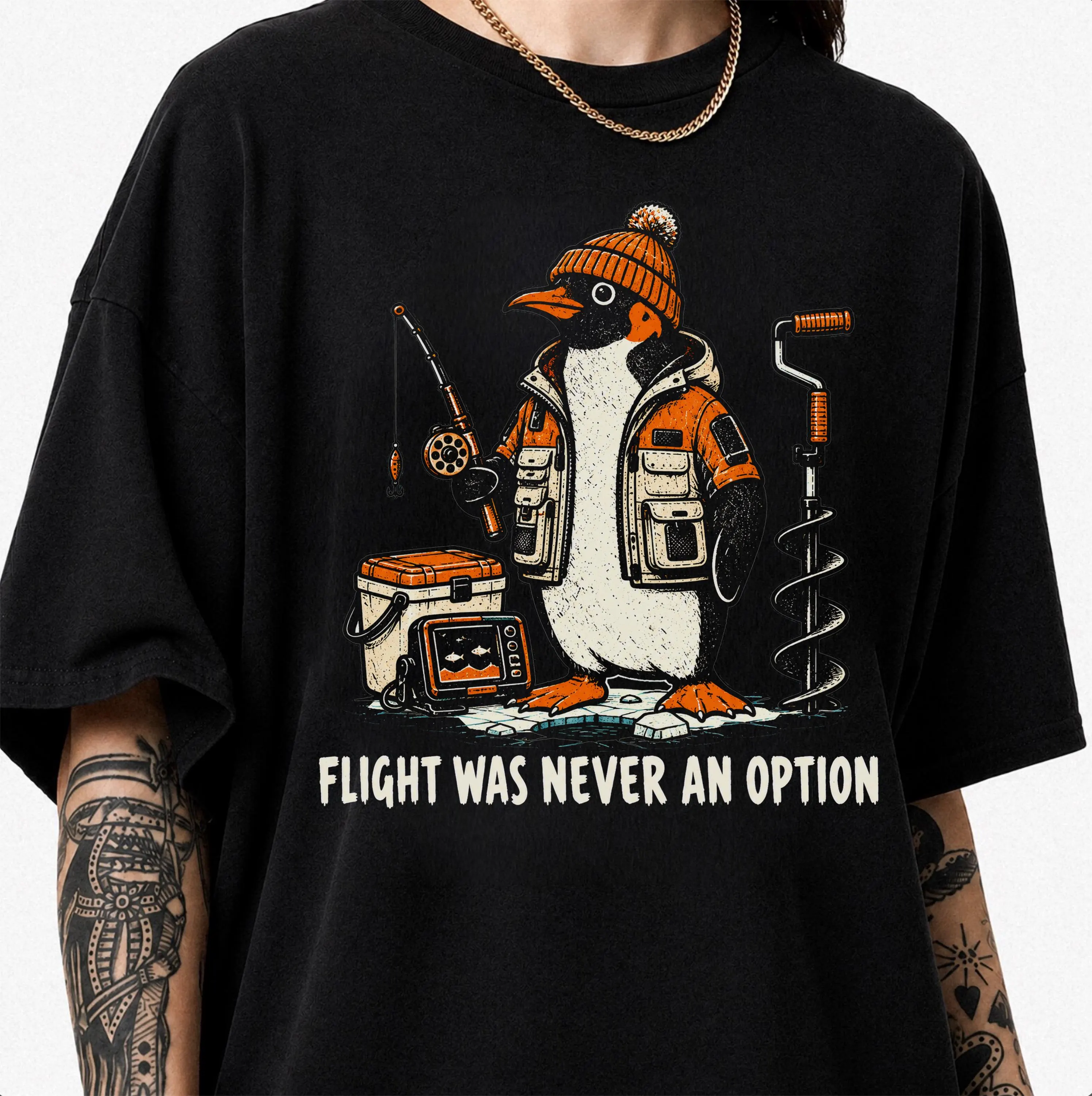 Flight Was Never An Option Shirt, Funny Penguin Ice Fishing Tee, Sarcastic Ice Fisherman Gift, Retro Winter Angler Graphic T-shirt