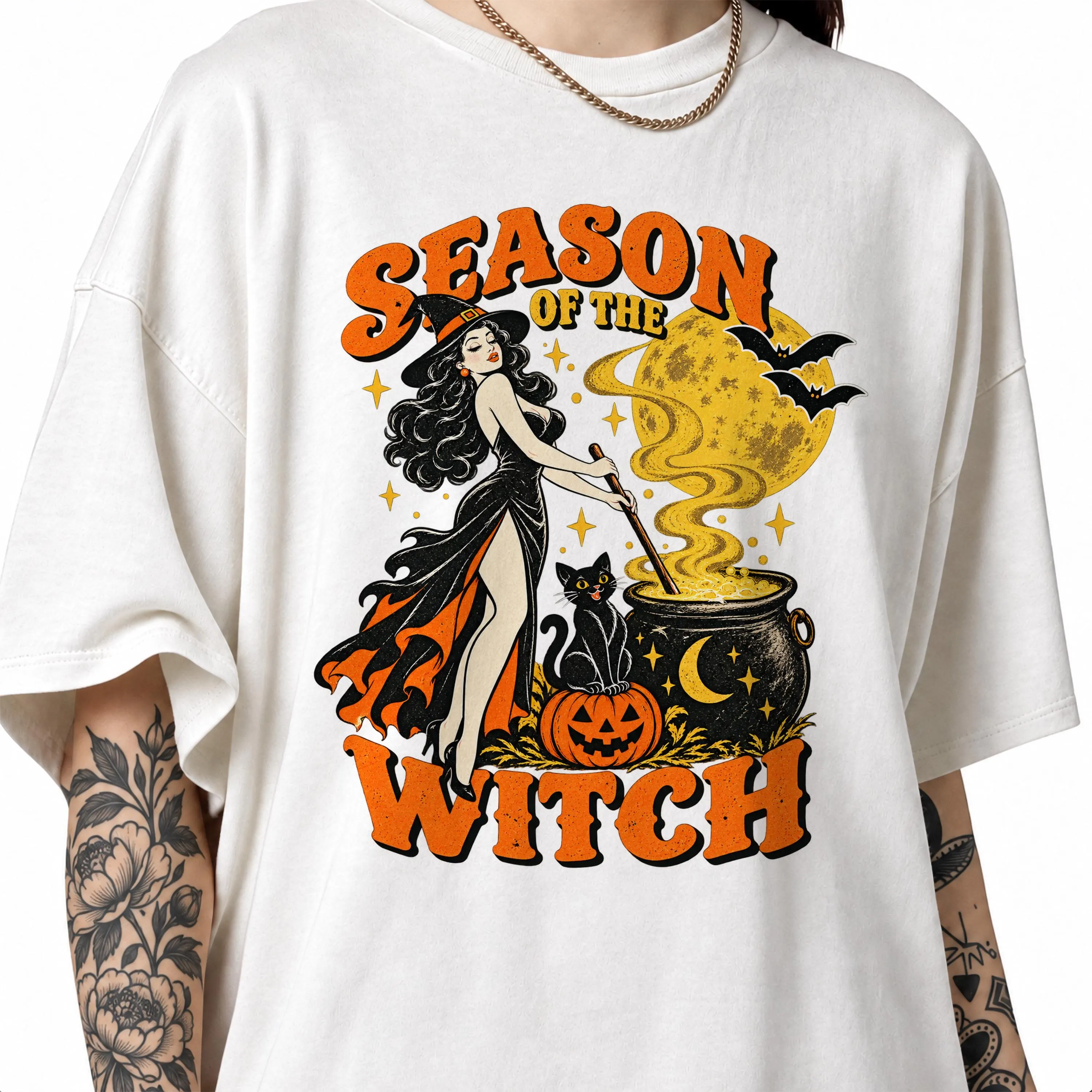 Season Of The Witch Shirt, Pin Up Witch with Cauldron, Black Cat Vintage Halloween Sweatshirt, Spooky Season Gift - image 4