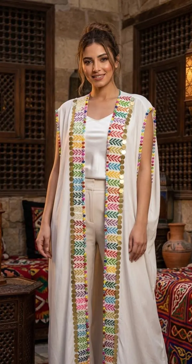 Handmade Sinai Embroidered Cotton Cardigan | Egyptian Bedouin Kaftan | Boho Kimono | Hand Embroidery with Coin Beads | Artisan Festival Robe - image 4