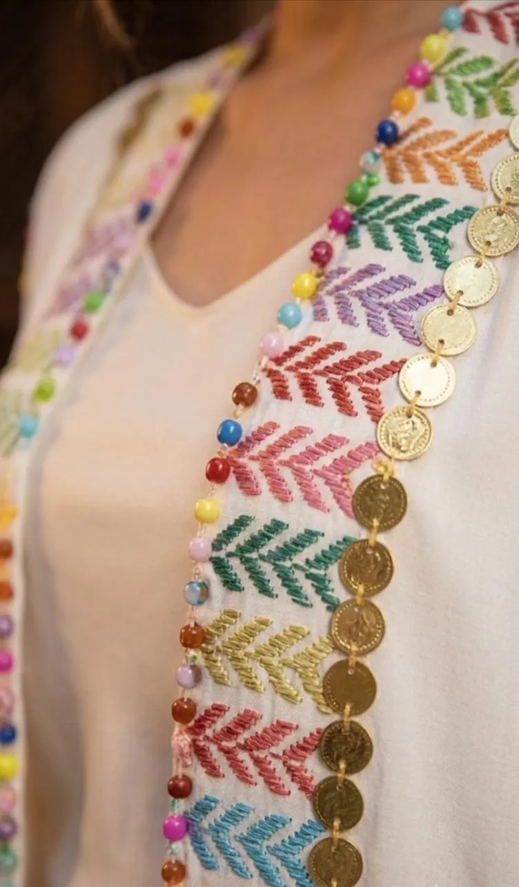 Handmade Sinai Embroidered Cotton Cardigan | Egyptian Bedouin Kaftan | Boho Kimono | Hand Embroidery with Coin Beads | Artisan Festival Robe - image 5