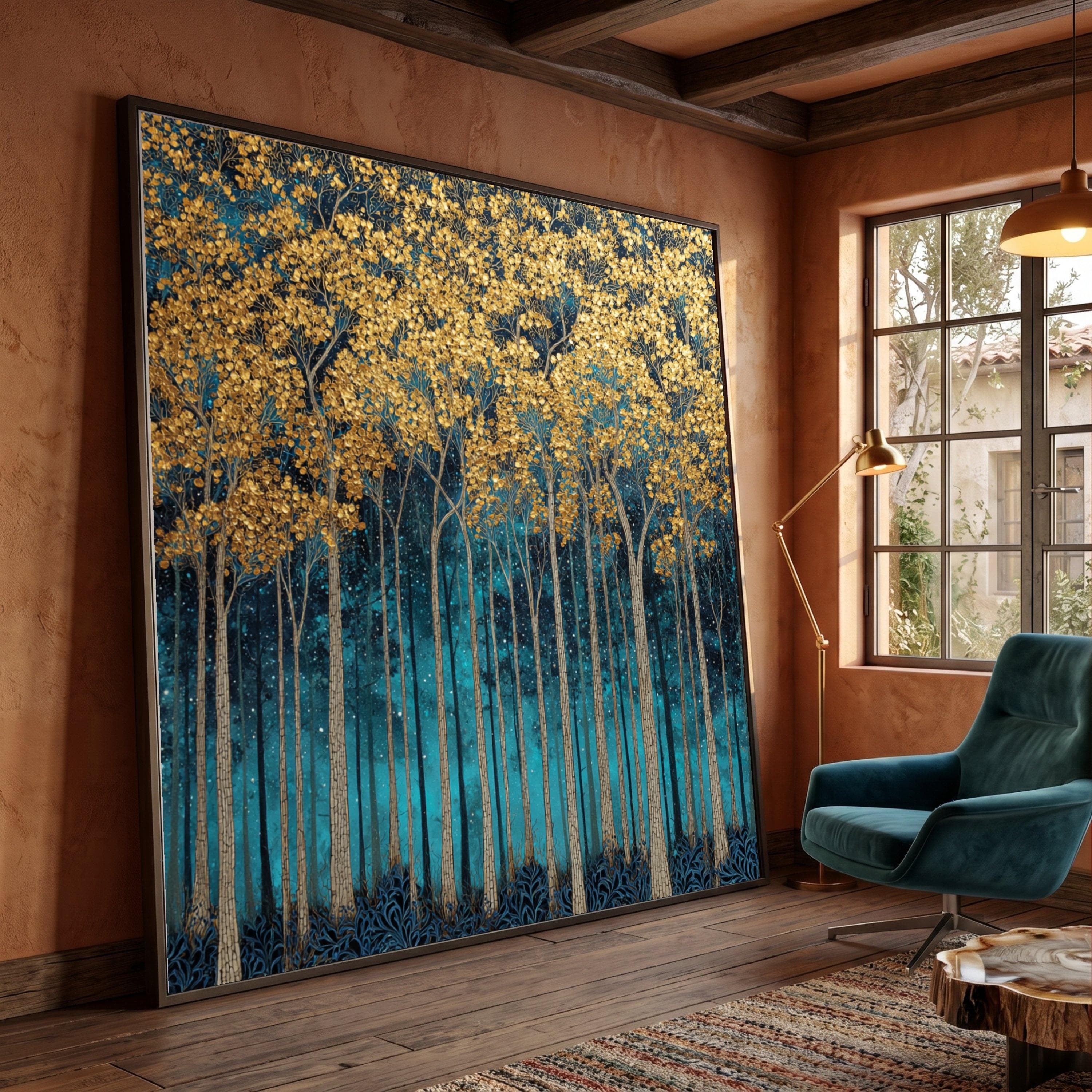 Golden Autumn Trees Canvas Print, Blue Forest Wall Art, Tall Landscape Decoration