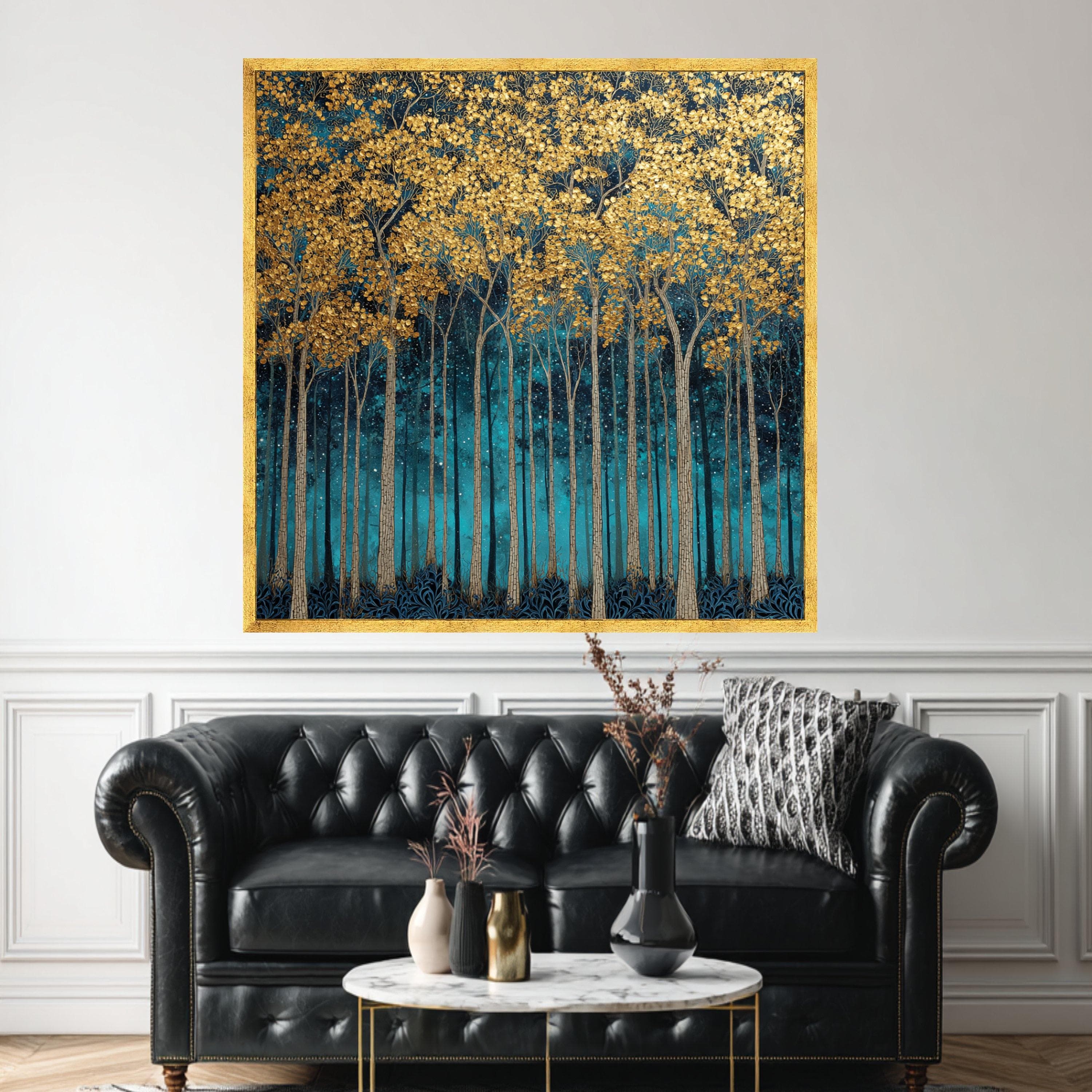 Golden Autumn Trees Canvas Print, Blue Forest Wall Art, Tall Landscape Decoration - image 3