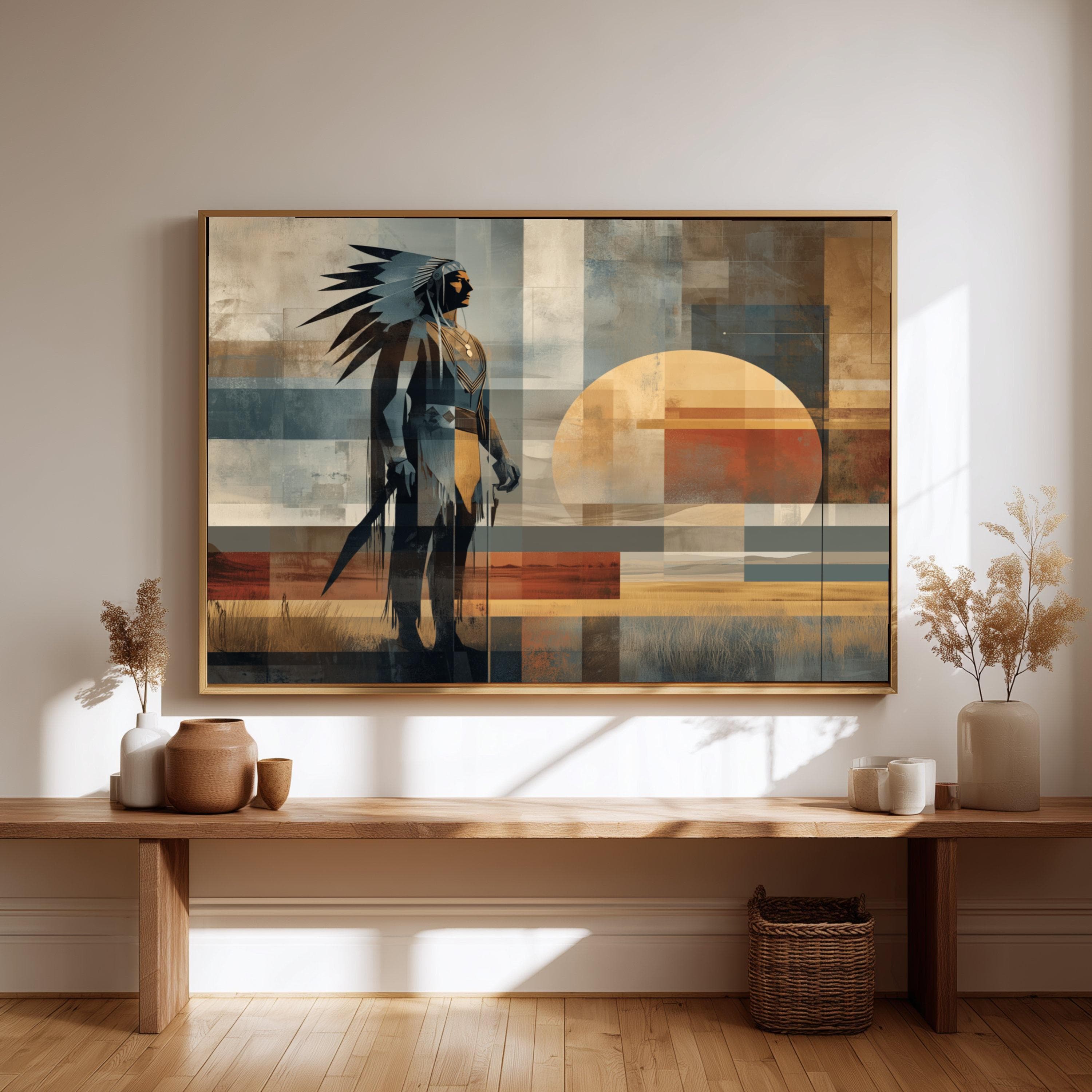 Native American Chief Silhouette Canvas, Abstract Southwestern Wall Art, Sunset Landscape Canvas, Tribal Culture Decoration, Modern Home - image 3