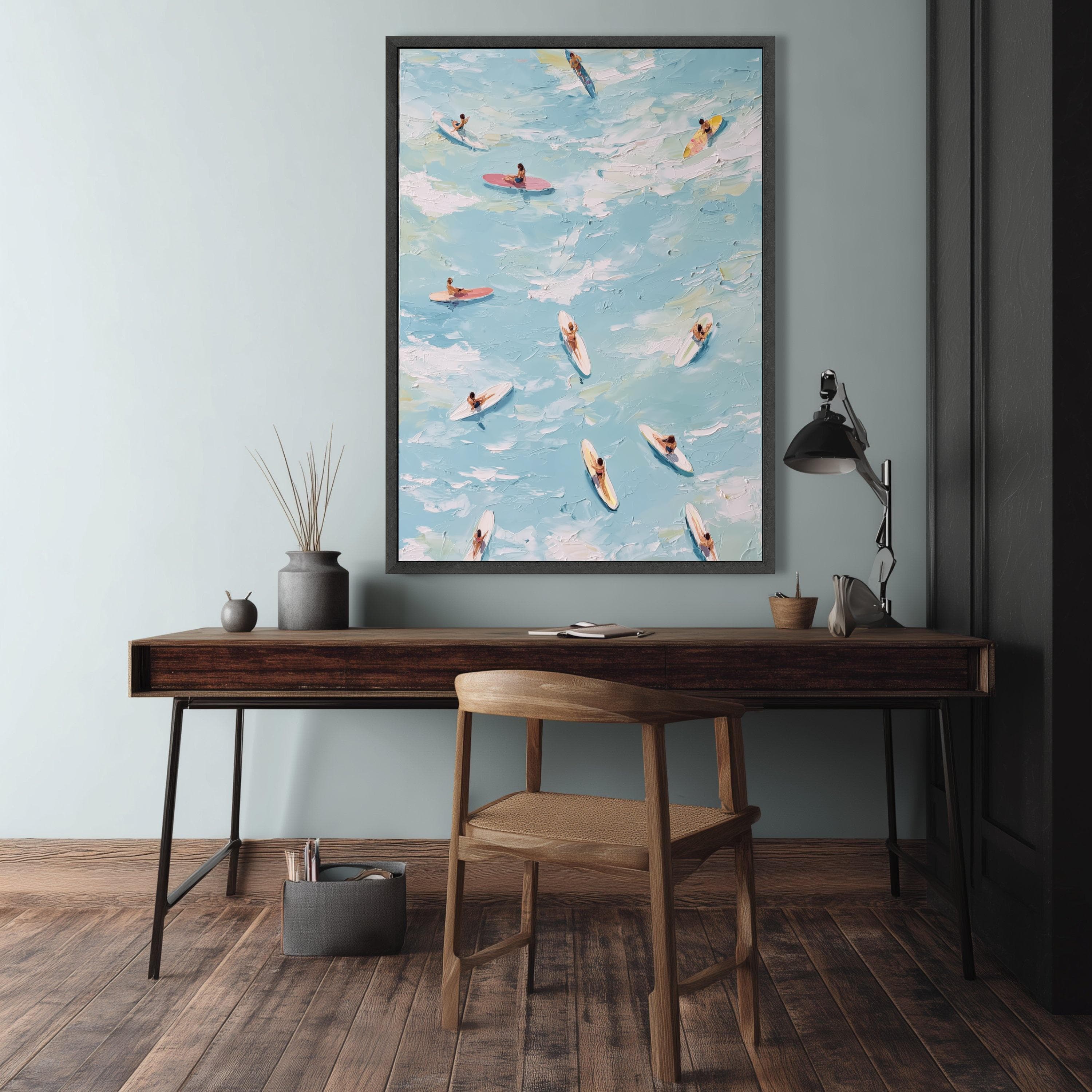 Surfers on Blue Ocean Waves Canvas Art, Beach Water Sports Painting, Coastal Summer Vibes - image 4