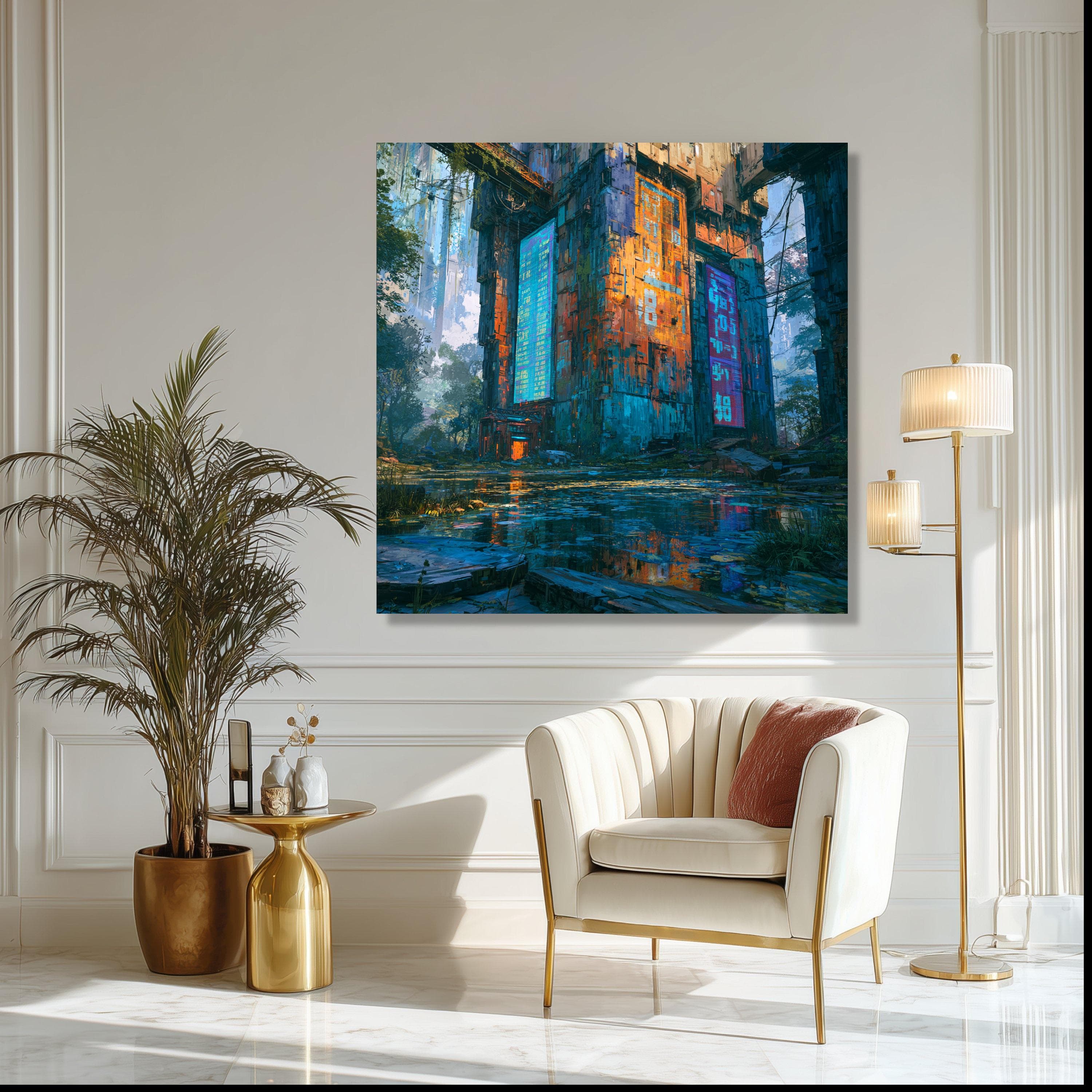 Cyberpunk Cityscape Canvas Print, Futuristic Neon Wall Art, Vibrant Digital Painting - image 5