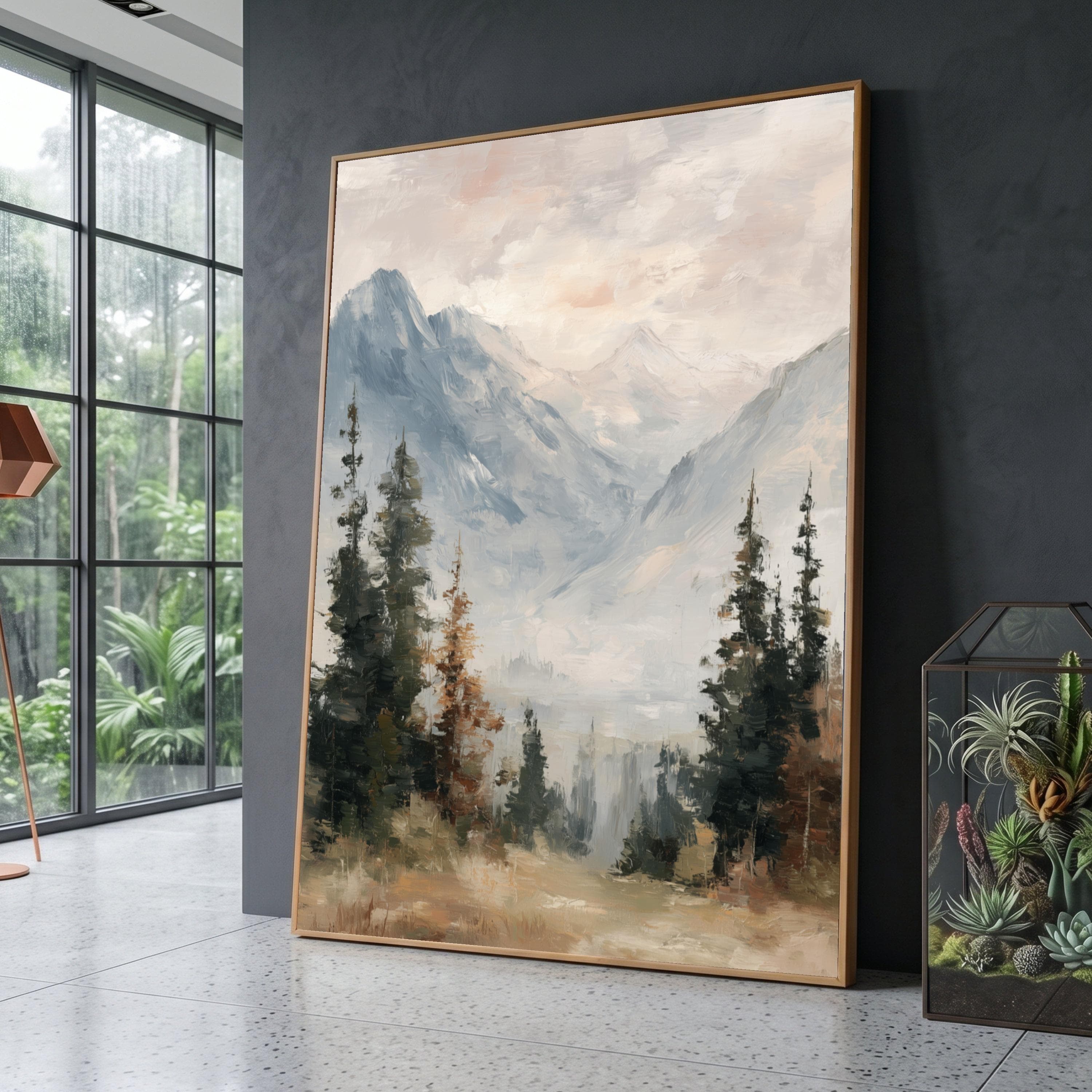 Misty Mountain Landscape Canvas, Pine Forest Wall Art, Serene Nature Scene, Pastel Colors - image 3