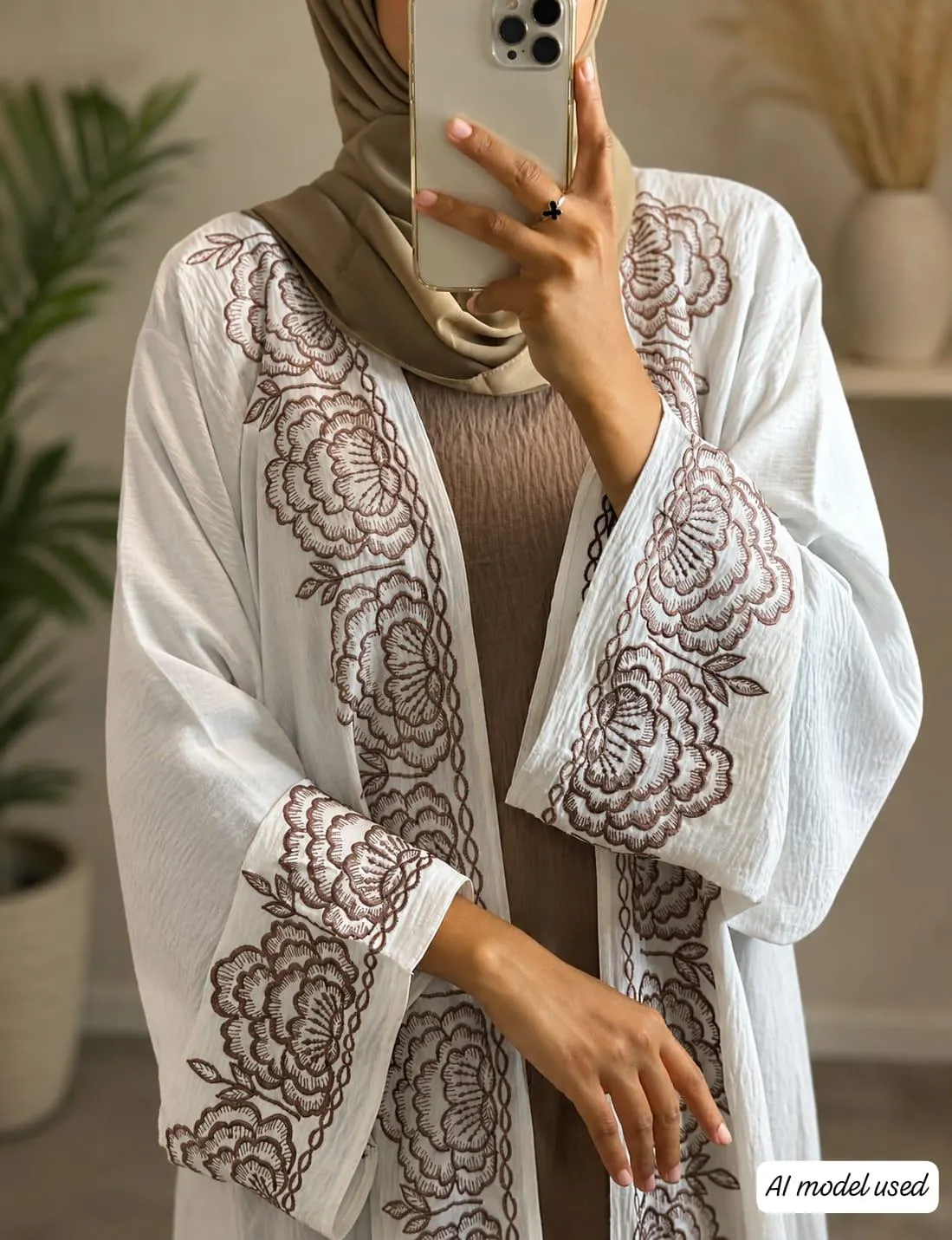 White Embroidered Cey Abaya Set, Floral Summer Modest Dress (Includes Hijab & Inner) - image 5