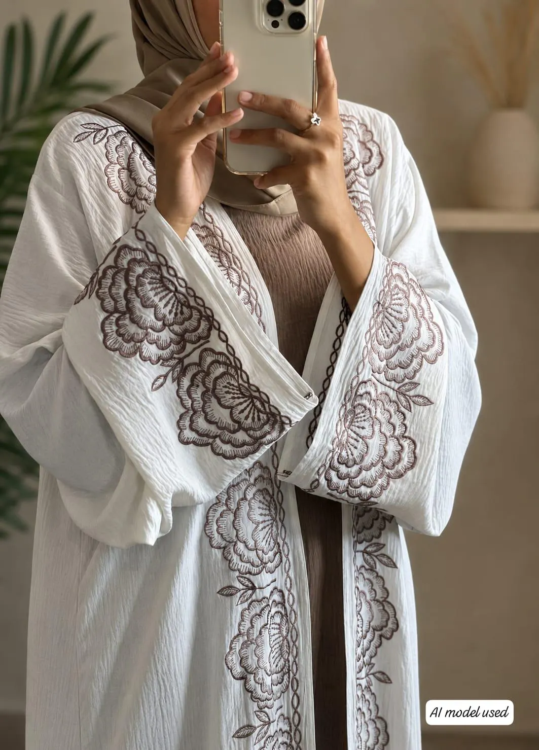 White Embroidered Cey Abaya Set, Floral Summer Modest Dress (Includes Hijab & Inner) - image 3
