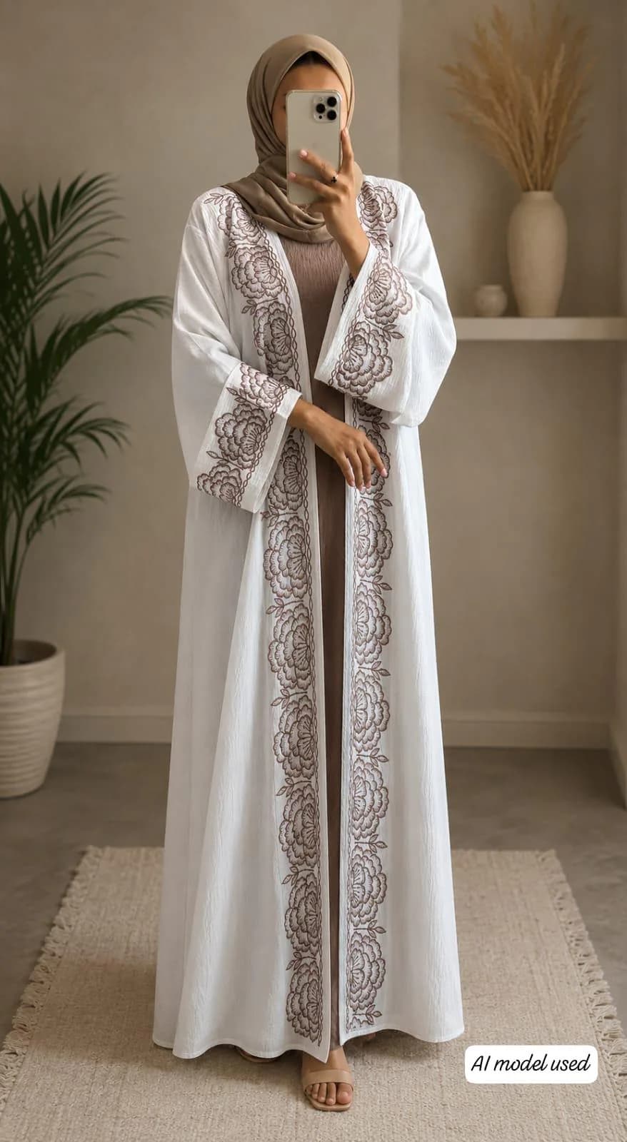 White Embroidered Cey Abaya Set, Floral Summer Modest Dress (Includes Hijab & Inner) - image 4