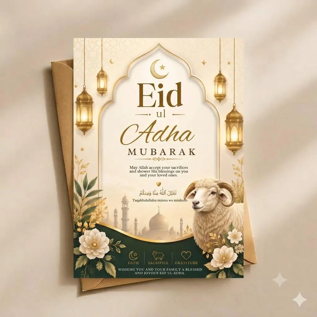 Eid ul Adha Mubarak Card Template, Gold Floral Islamic Greeting (Digital Download)