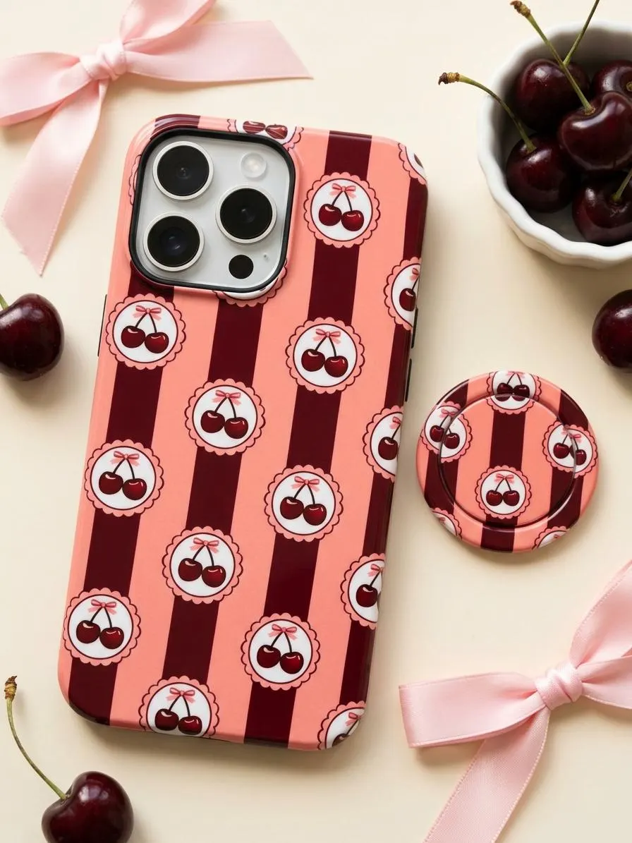 Cherry Phone Case with MagSafe Ring Holder, Coquette Cherry Bow iPhone Case, Pink Burgundy Stripe, Gift for Her, Christmas Birthday Gift