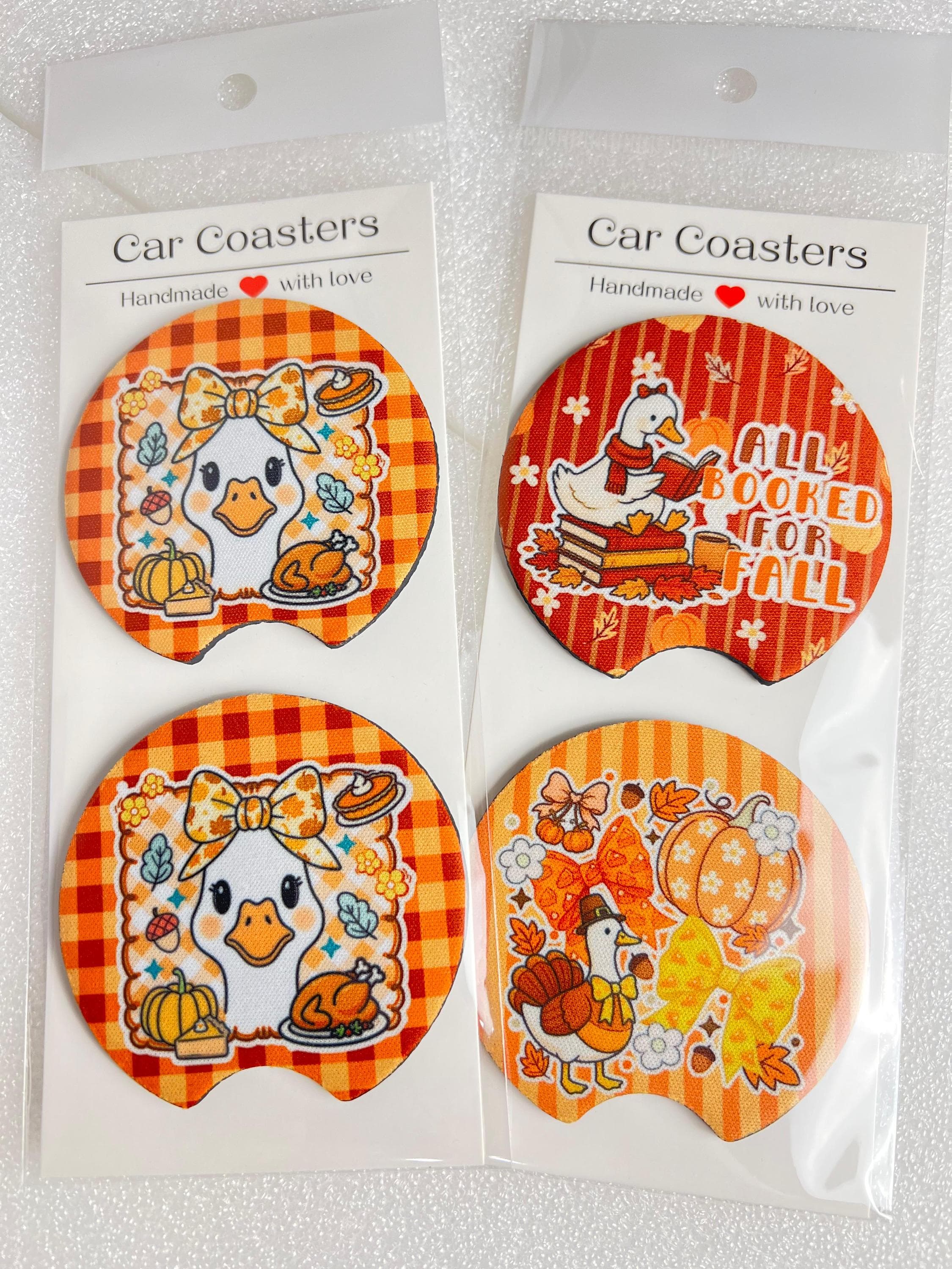 Cute Fall Car Coasters Pair, Thanksgiving Turkey Plaid Duck Cup Holder Coaster, Autumn Gift for Her, New Car Accessories, Handmade Gift - image 3